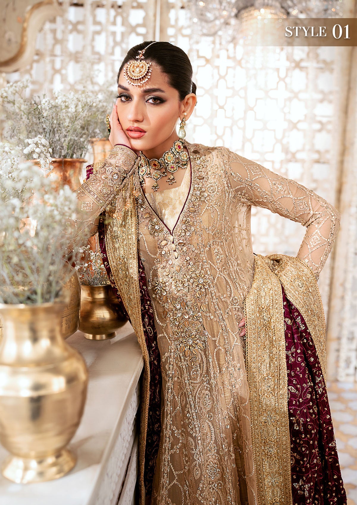 WEDDING FESTIVE '24 VOL. 1 - LOOK 08 Champagne Kalidaar Frock with Crushed Frock,Angrakha with Crushed Skirt For Wedding Events - Pakistani Designer Wear for Women in UK | Kifat