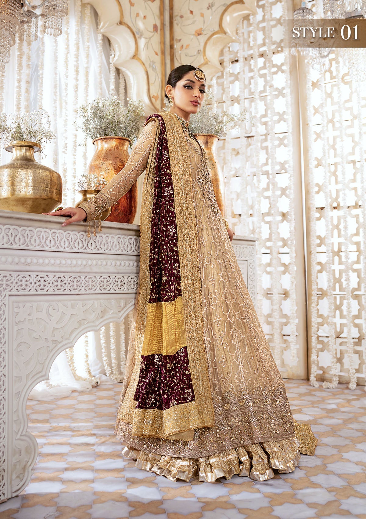 WEDDING FESTIVE '24 VOL. 1 - LOOK 08 Champagne Kalidaar Frock with Crushed Frock,Angrakha with Crushed Skirt For Wedding Events - Pakistani Designer Wear for Women in UK | Kifat