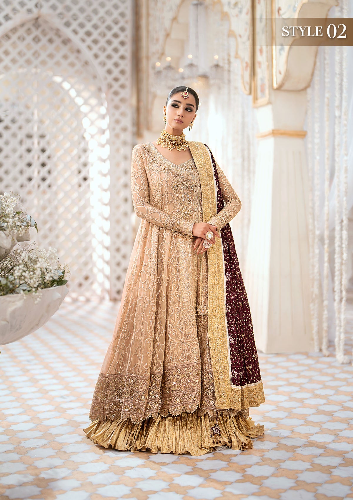 WEDDING FESTIVE '24 VOL. 1 - LOOK 08 Champagne Kalidaar Frock with Crushed Frock,Angrakha with Crushed Skirt For Wedding Events - Pakistani Designer Wear for Women in UK | Kifat