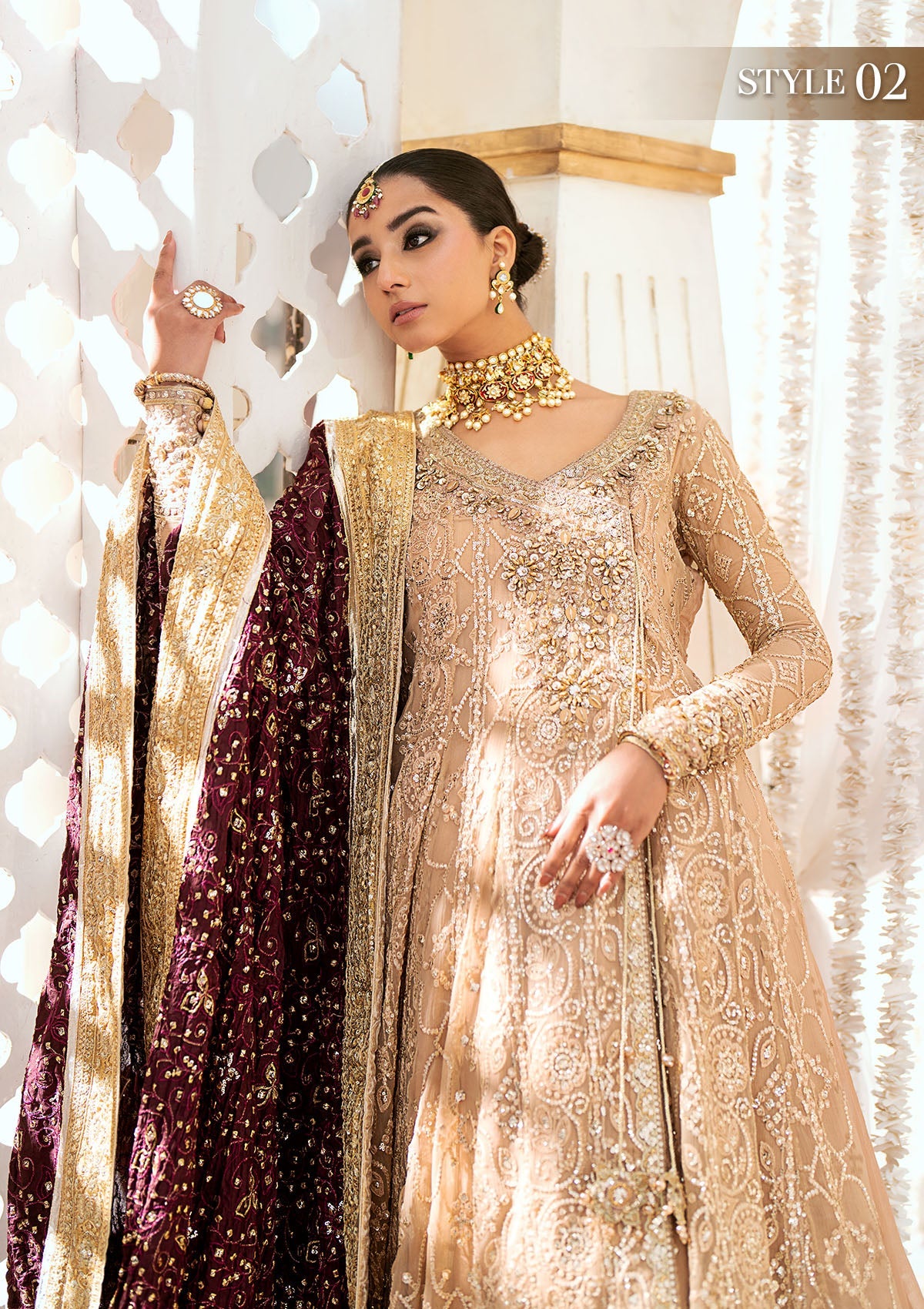 WEDDING FESTIVE '24 VOL. 1 - LOOK 08 Champagne Kalidaar Frock with Crushed Frock,Angrakha with Crushed Skirt For Wedding Events - Pakistani Designer Wear for Women in UK | Kifat