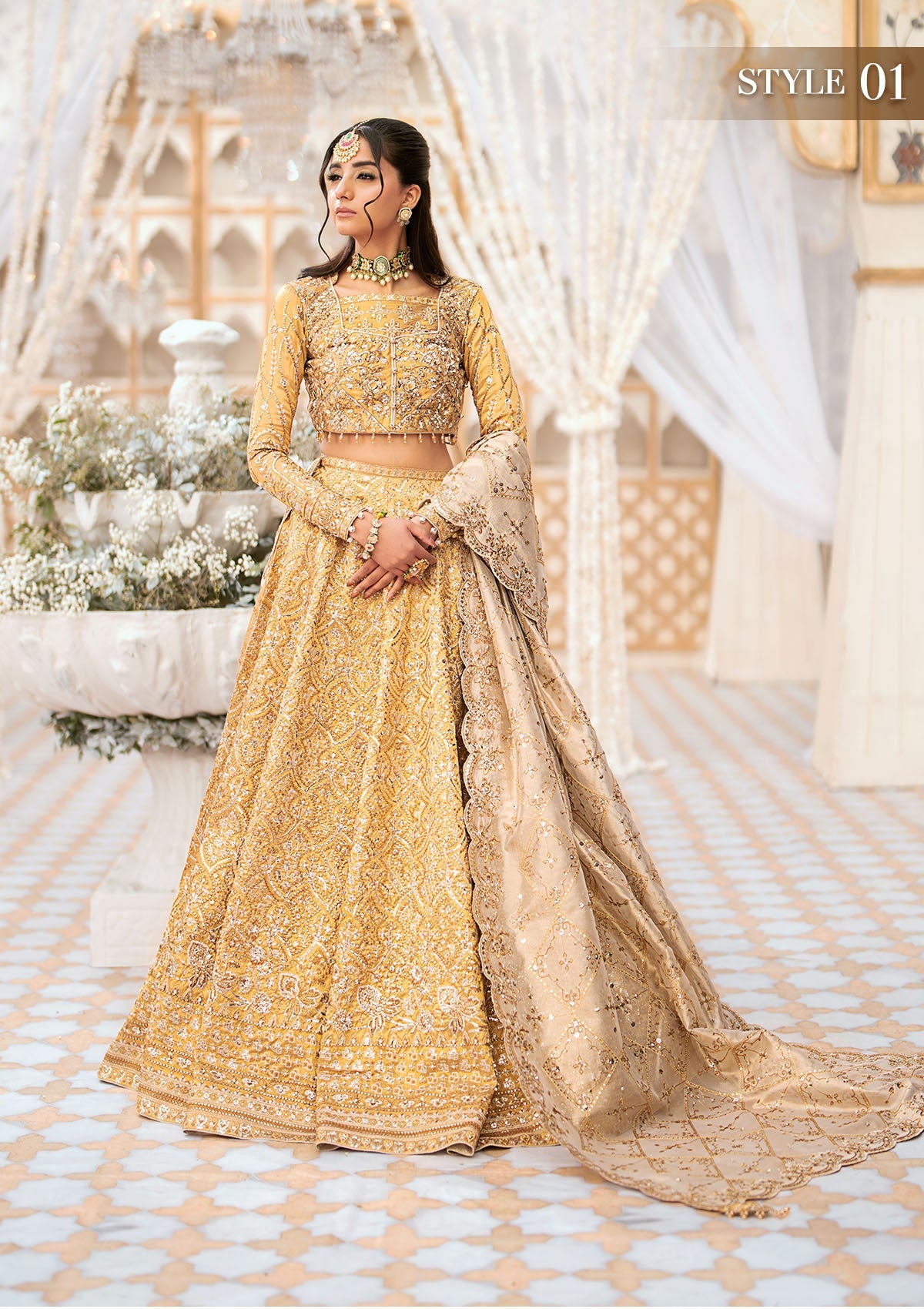 WEDDING FESTIVE '24 VOL. 1 - LOOK 09 Gold  Blouse and Lehnga,Kalidaar Frock with Crushed Skirt For Wedding Events - Pakistani Designer Wear for Women in UK | Kifat