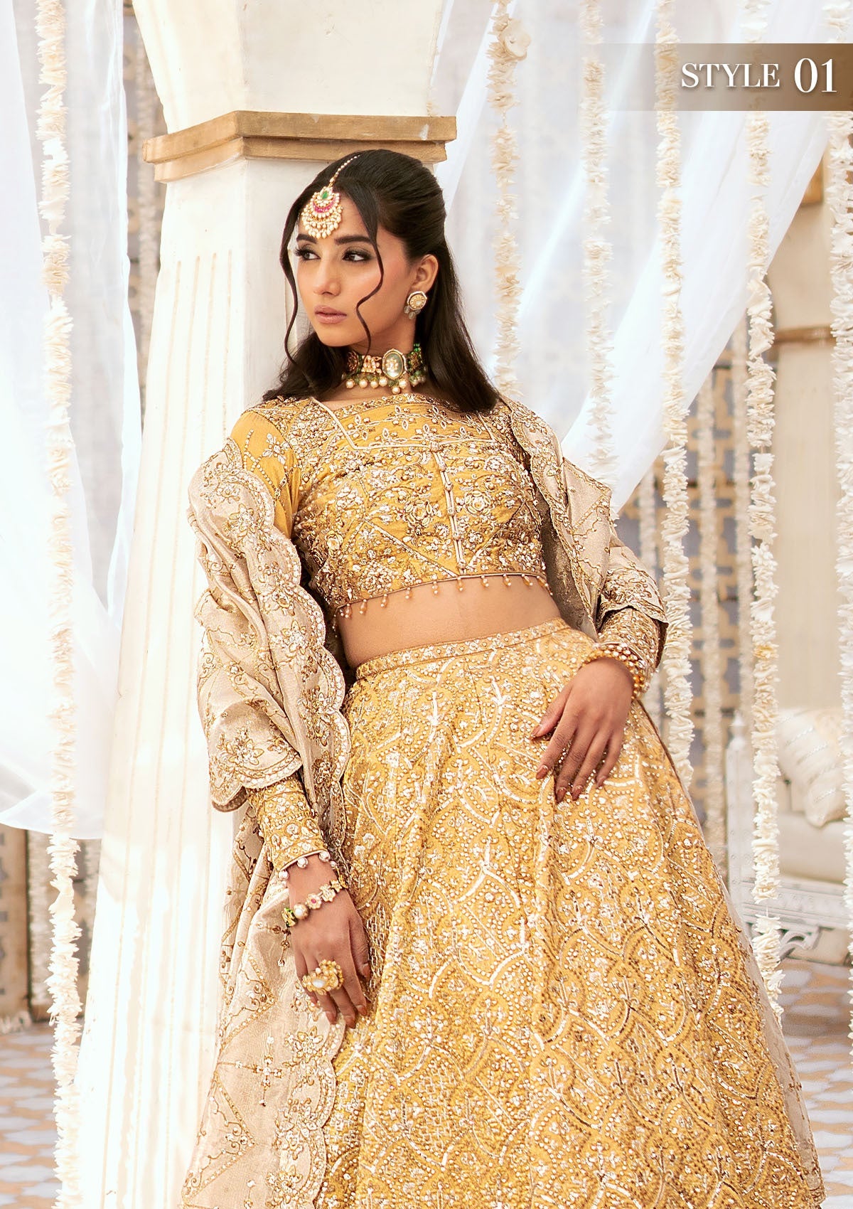 WEDDING FESTIVE '24 VOL. 1 - LOOK 09 Gold  Blouse and Lehnga,Kalidaar Frock with Crushed Skirt For Wedding Events - Pakistani Designer Wear for Women in UK | Kifat