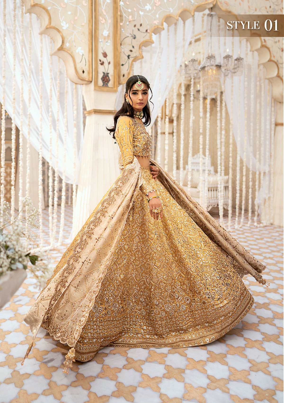 WEDDING FESTIVE '24 VOL. 1 - LOOK 09 Gold  Blouse and Lehnga,Kalidaar Frock with Crushed Skirt For Wedding Events - Pakistani Designer Wear for Women in UK | Kifat