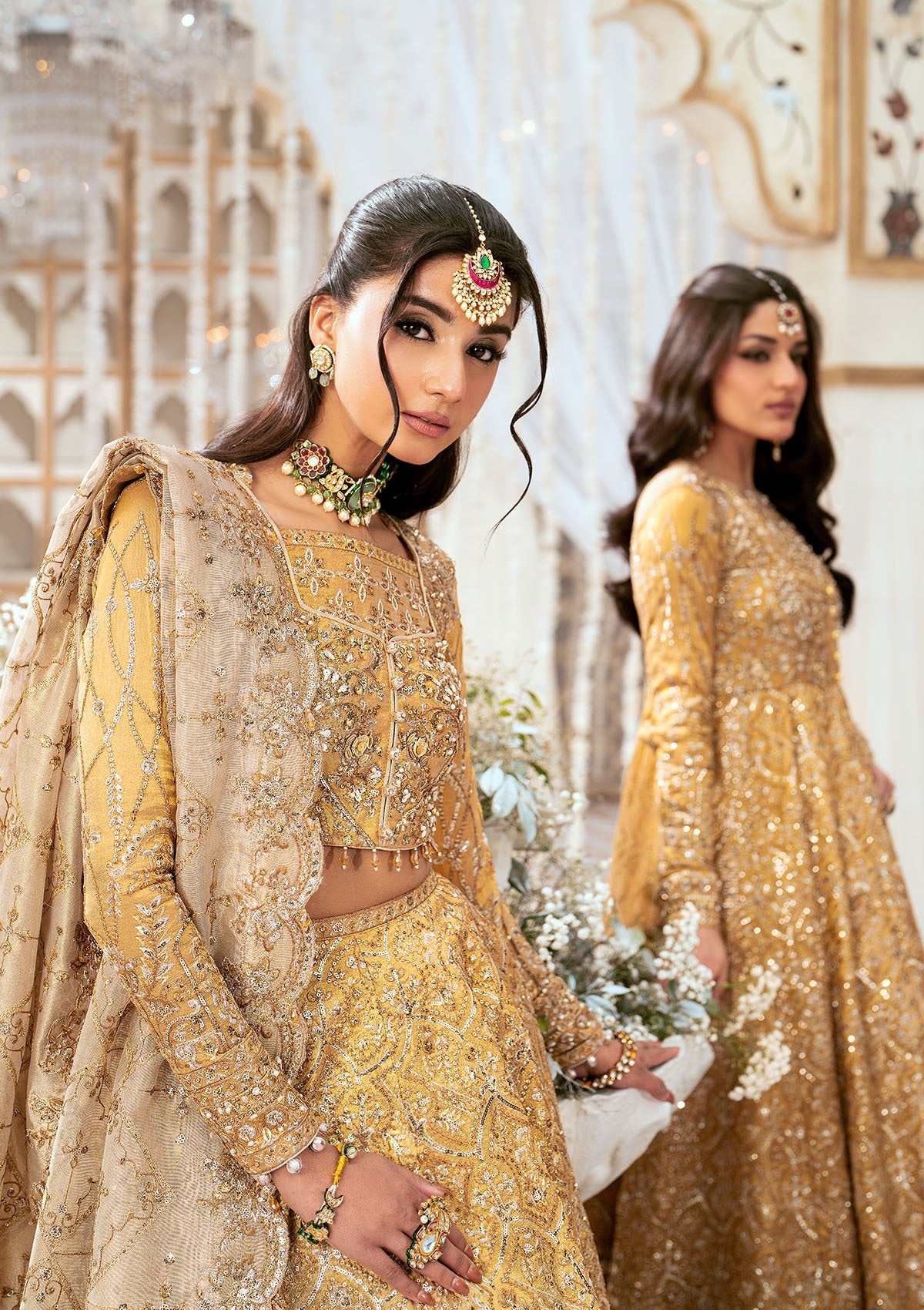 WEDDING FESTIVE '24 VOL. 1 - LOOK 09 Gold  Blouse and Lehnga,Kalidaar Frock with Crushed Skirt For Wedding Events - Pakistani Designer Wear for Women in UK | Kifat