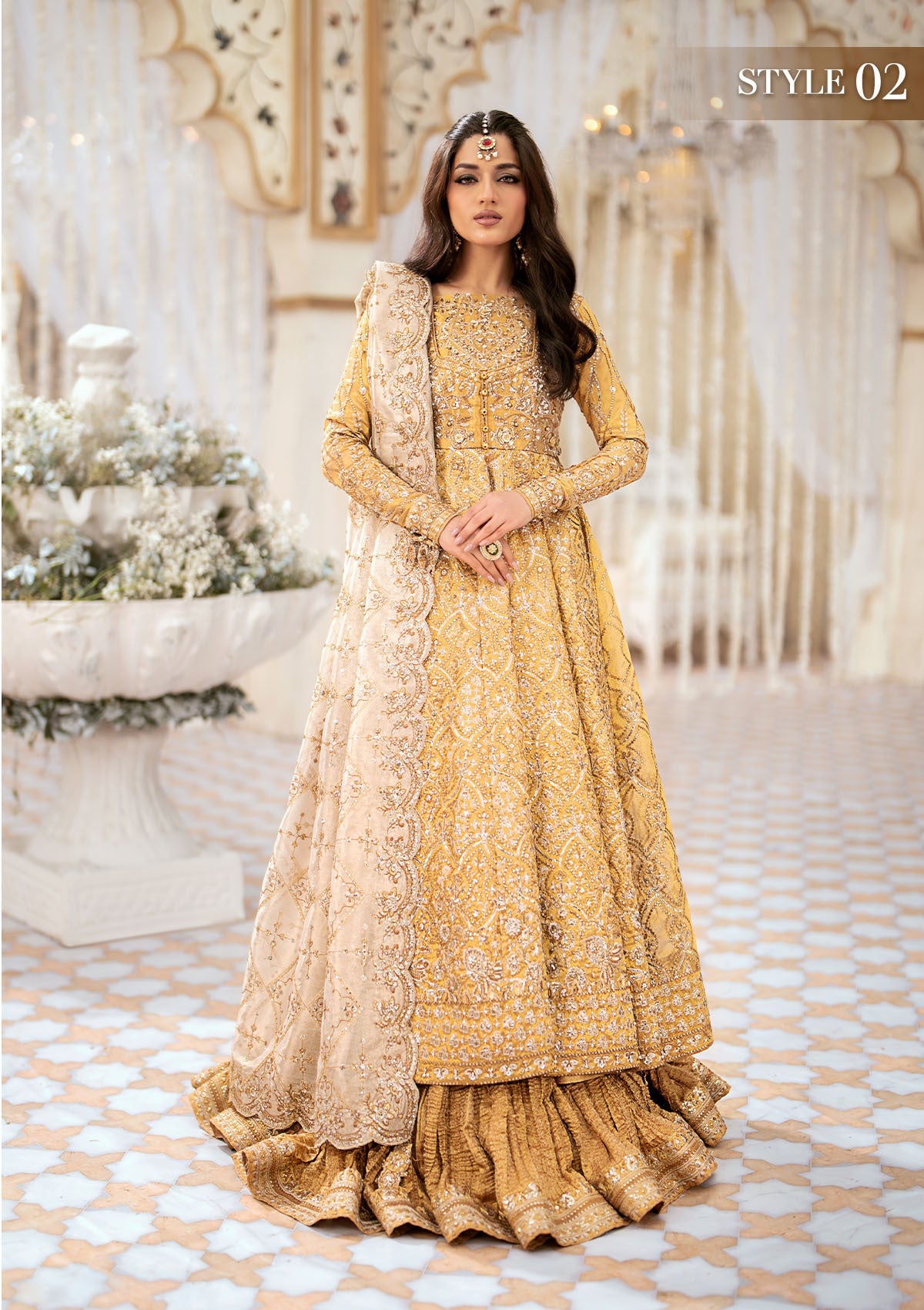 WEDDING FESTIVE '24 VOL. 1 - LOOK 09 Gold  Blouse and Lehnga,Kalidaar Frock with Crushed Skirt For Wedding Events - Pakistani Designer Wear for Women in UK | Kifat