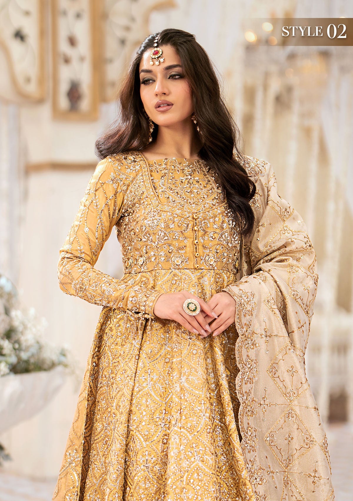 WEDDING FESTIVE '24 VOL. 1 - LOOK 09 Gold  Blouse and Lehnga,Kalidaar Frock with Crushed Skirt For Wedding Events - Pakistani Designer Wear for Women in UK | Kifat