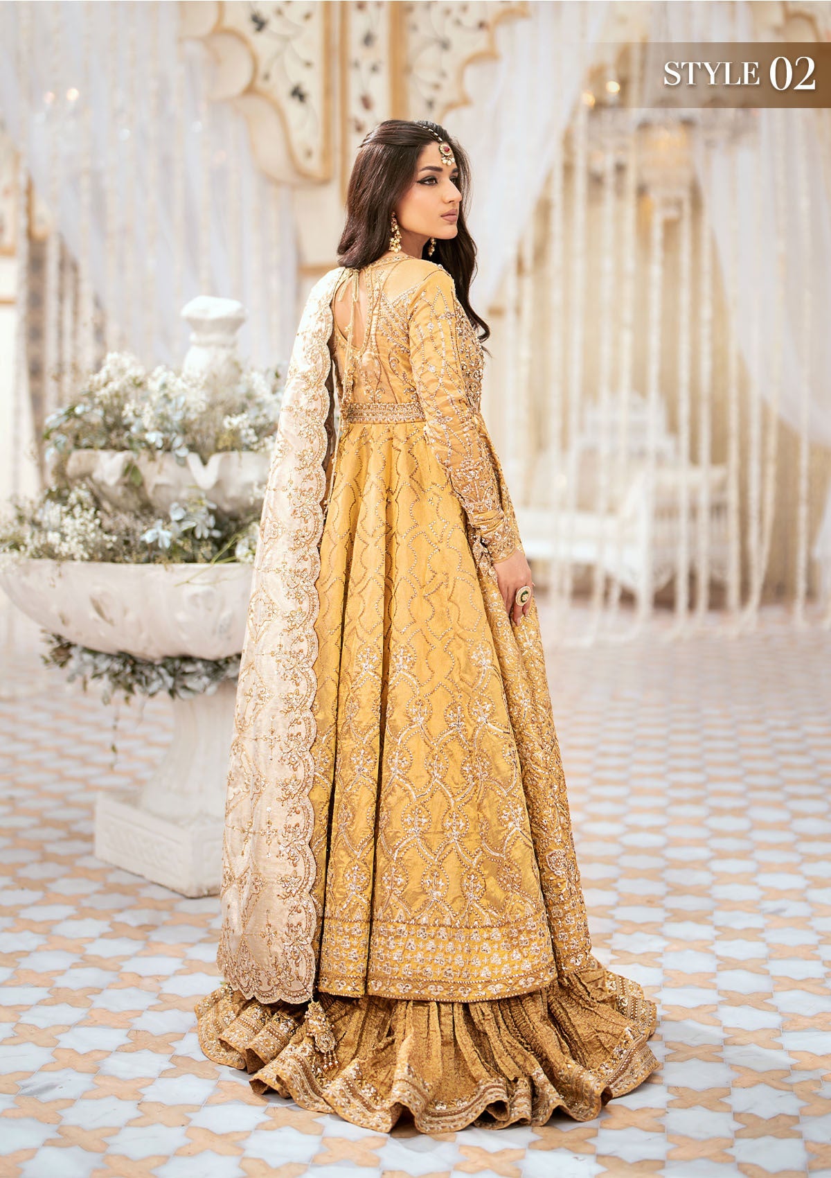 WEDDING FESTIVE '24 VOL. 1 - LOOK 09 Gold  Blouse and Lehnga,Kalidaar Frock with Crushed Skirt For Wedding Events - Pakistani Designer Wear for Women in UK | Kifat