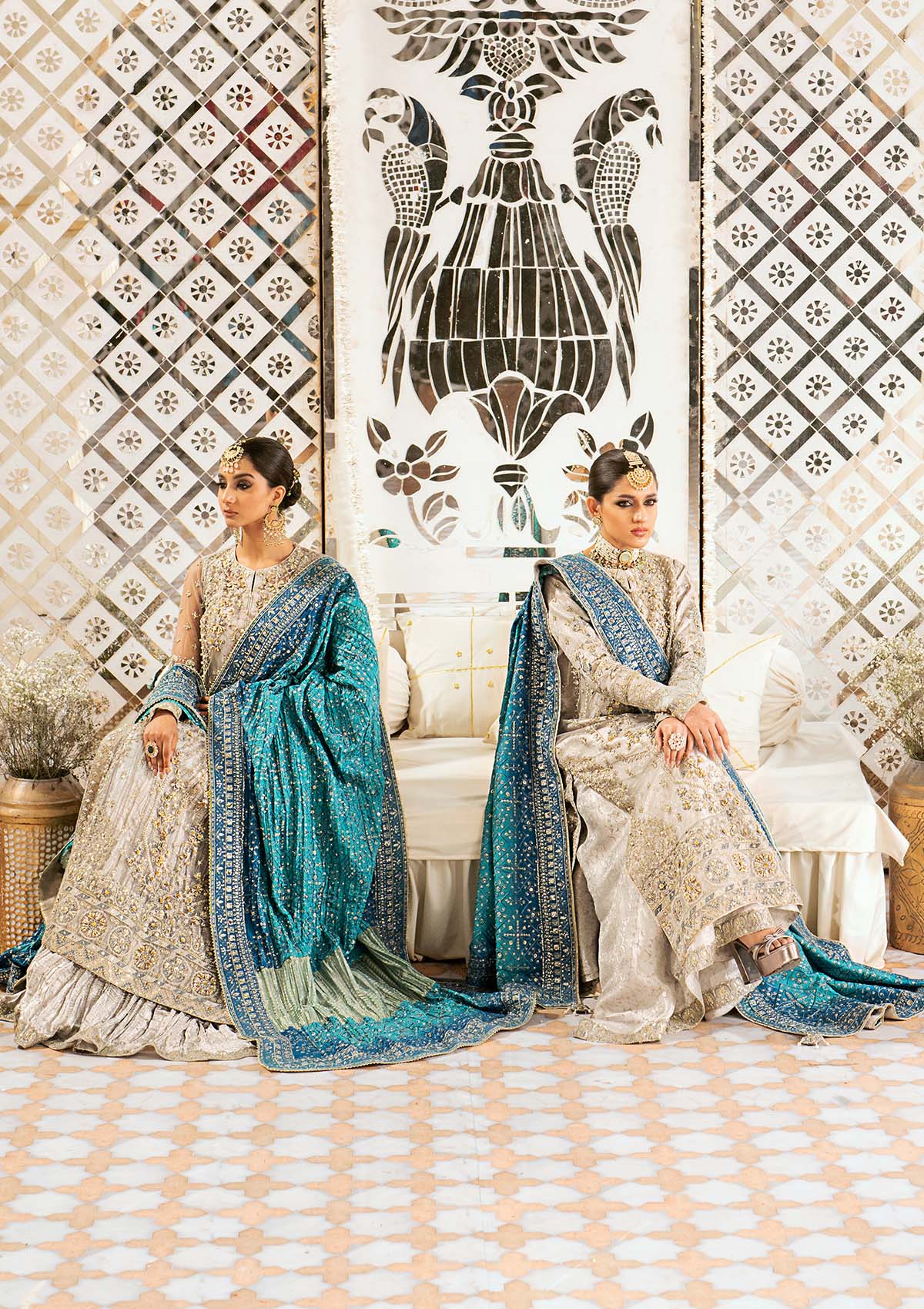 WEDDING FESTIVE '24 VOL. 1 - LOOK 10 Grey  Long Shirt with Crushed Frock, Long Shirt with Plazo Pants For Wedding Events - Pakistani Designer Wear for Women in UK | Kifat