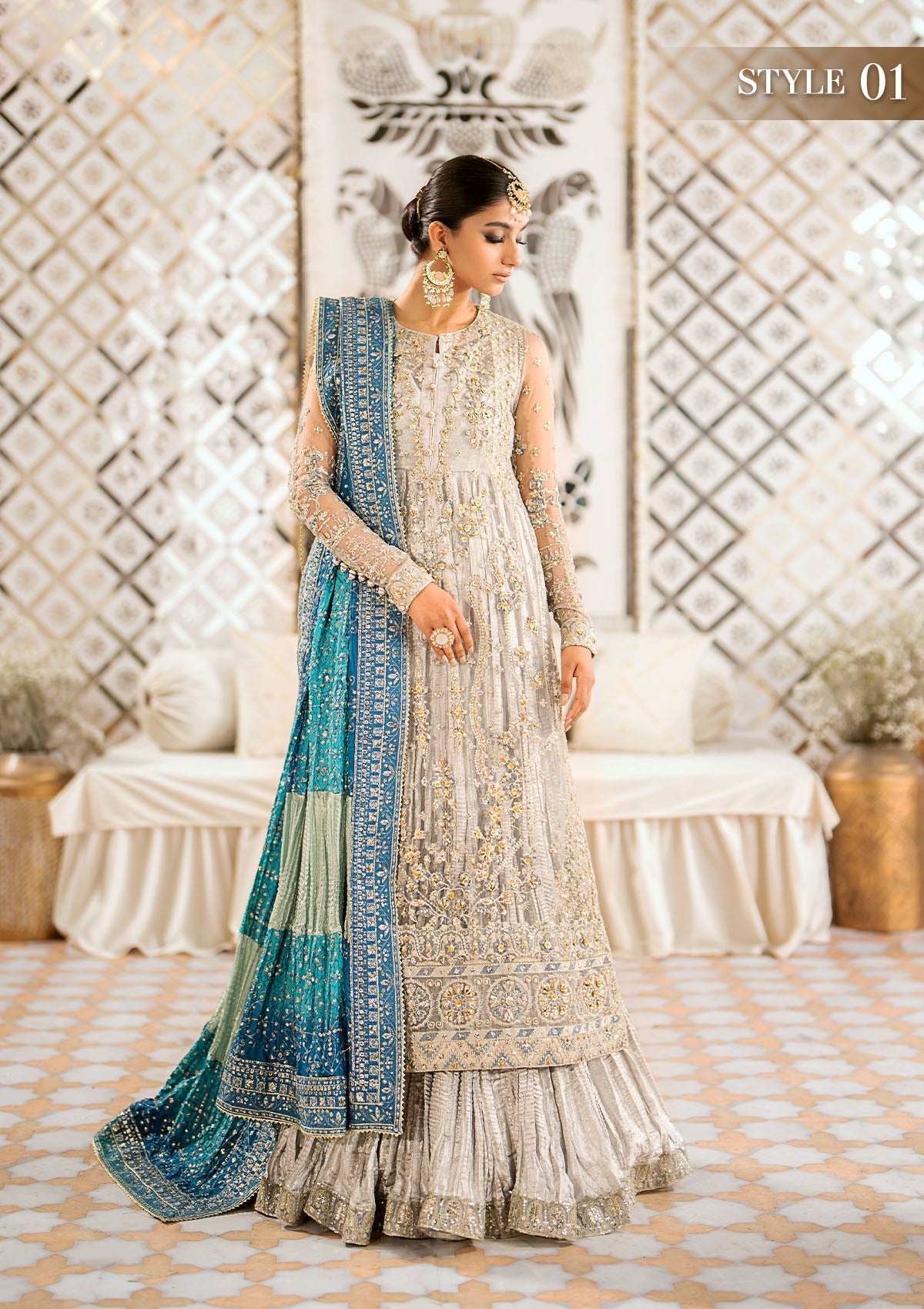 WEDDING FESTIVE '24 VOL. 1 - LOOK 10 Grey  Long Shirt with Crushed Frock, Long Shirt with Plazo Pants For Wedding Events - Pakistani Designer Wear for Women in UK | Kifat