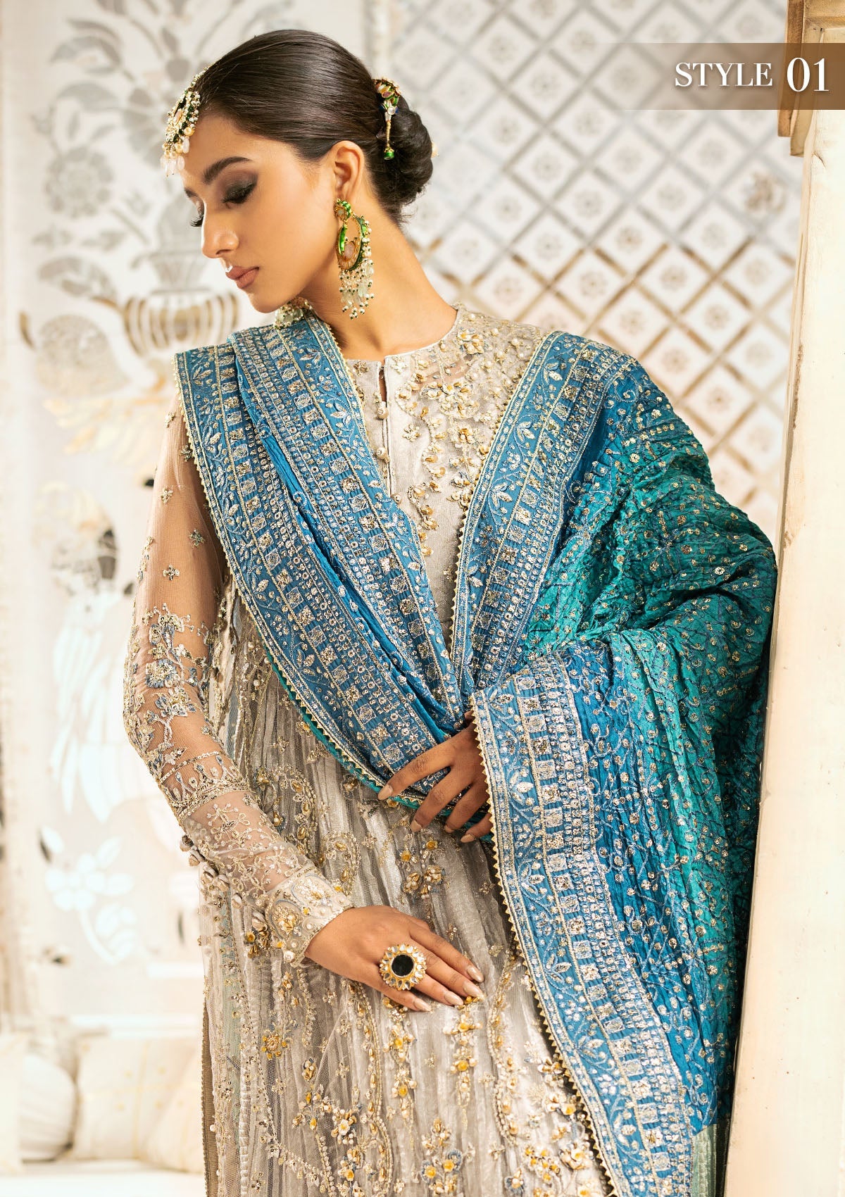 WEDDING FESTIVE '24 VOL. 1 - LOOK 10 Grey  Long Shirt with Crushed Frock, Long Shirt with Plazo Pants For Wedding Events - Pakistani Designer Wear for Women in UK | Kifat