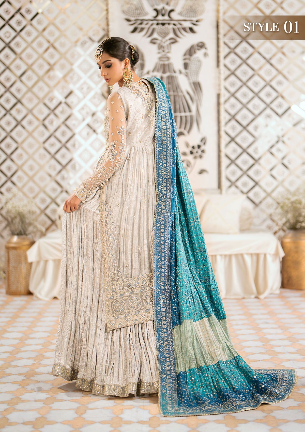 WEDDING FESTIVE '24 VOL. 1 - LOOK 10 Grey  Long Shirt with Crushed Frock, Long Shirt with Plazo Pants For Wedding Events - Pakistani Designer Wear for Women in UK | Kifat