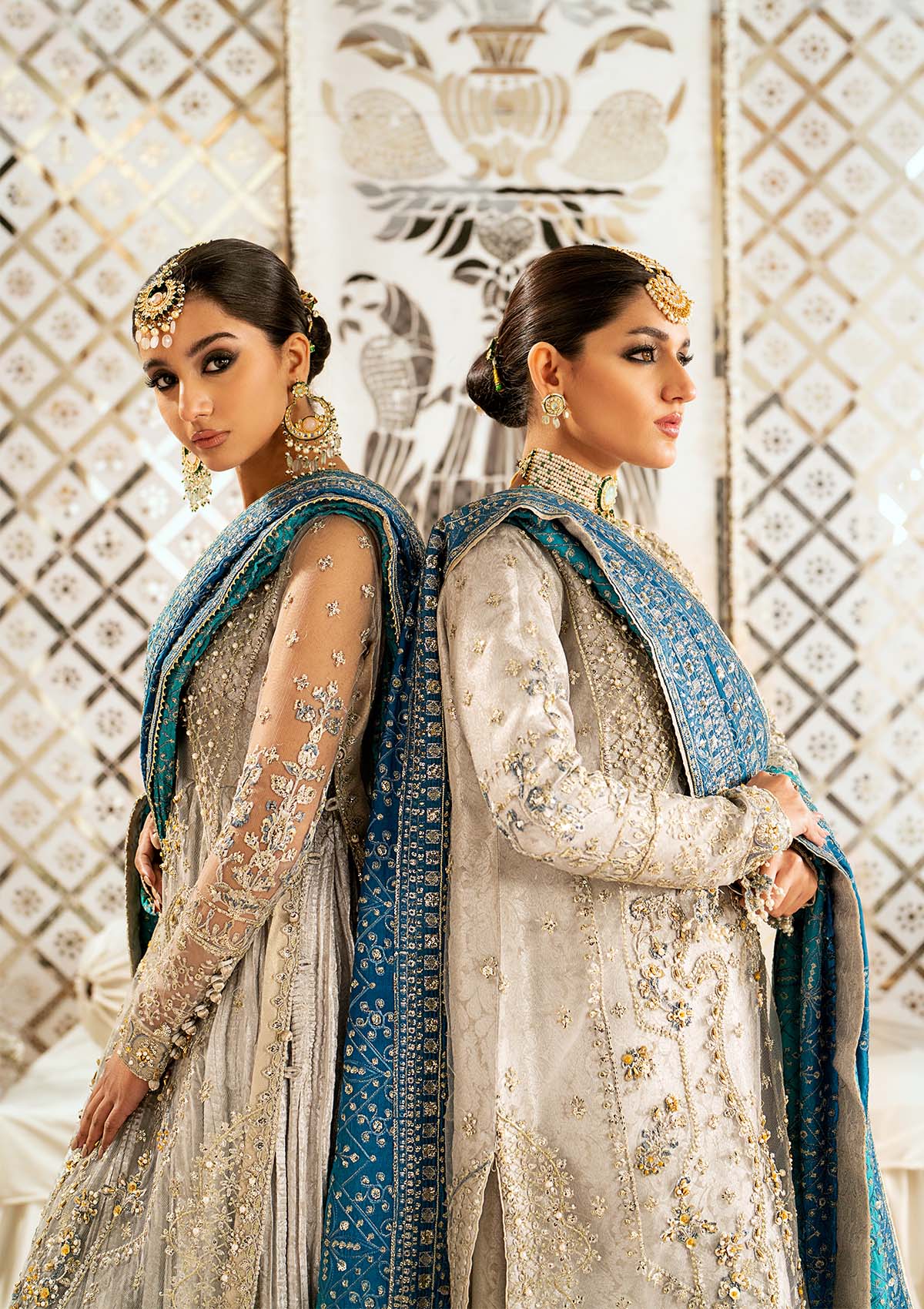WEDDING FESTIVE '24 VOL. 1 - LOOK 10 Grey  Long Shirt with Crushed Frock, Long Shirt with Plazo Pants For Wedding Events - Pakistani Designer Wear for Women in UK | Kifat