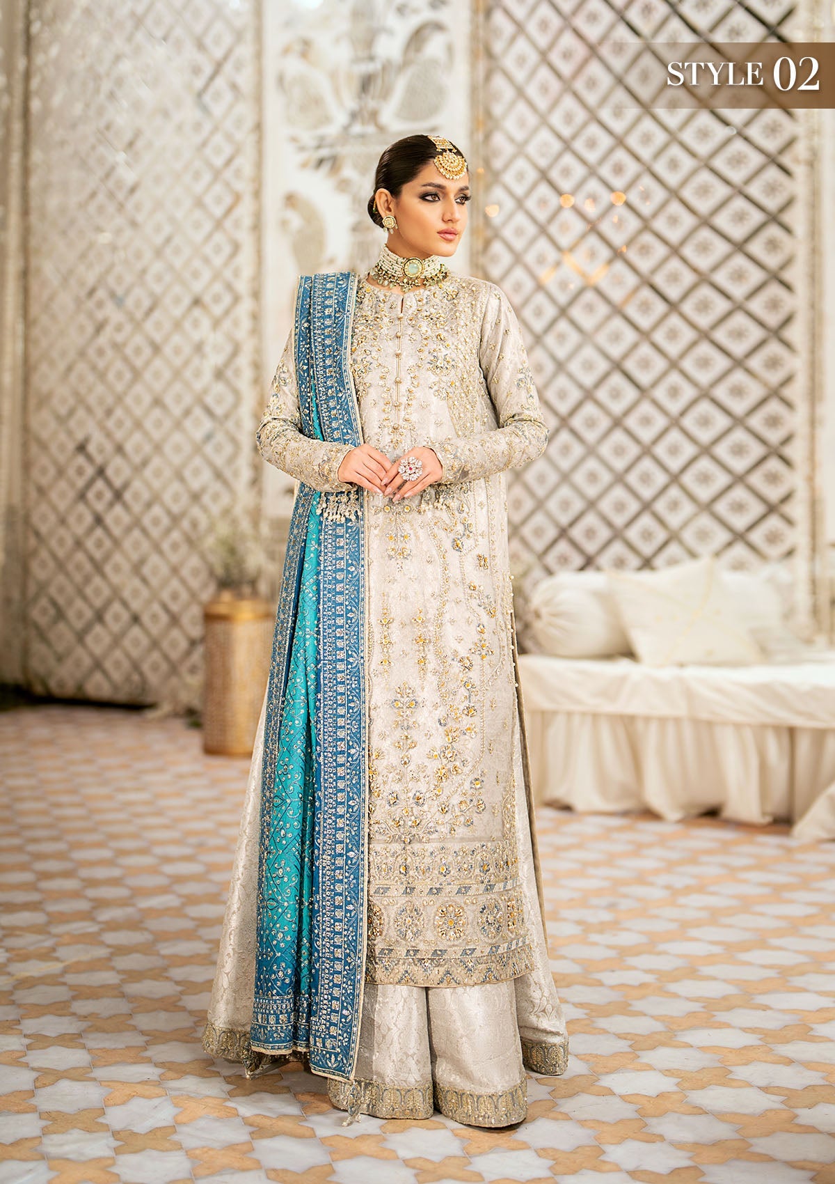 WEDDING FESTIVE '24 VOL. 1 - LOOK 10 Grey  Long Shirt with Crushed Frock, Long Shirt with Plazo Pants For Wedding Events - Pakistani Designer Wear for Women in UK | Kifat
