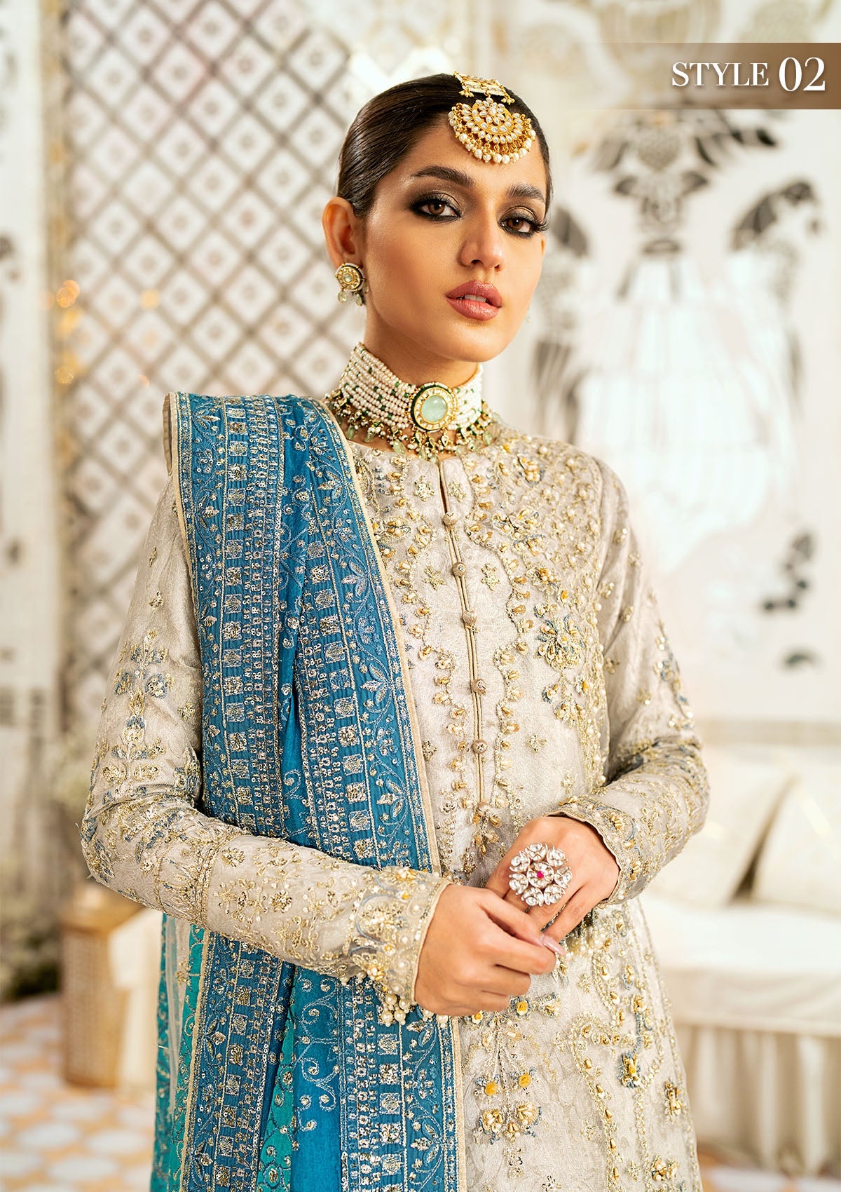 WEDDING FESTIVE '24 VOL. 1 - LOOK 10 Grey  Long Shirt with Crushed Frock, Long Shirt with Plazo Pants For Wedding Events - Pakistani Designer Wear for Women in UK | Kifat