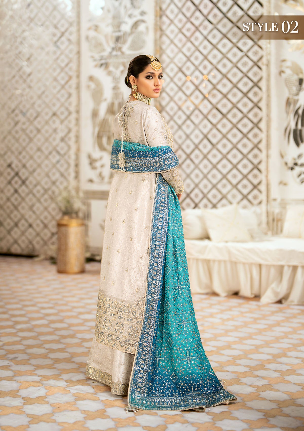 WEDDING FESTIVE '24 VOL. 1 - LOOK 10 Grey  Long Shirt with Crushed Frock, Long Shirt with Plazo Pants For Wedding Events - Pakistani Designer Wear for Women in UK | Kifat