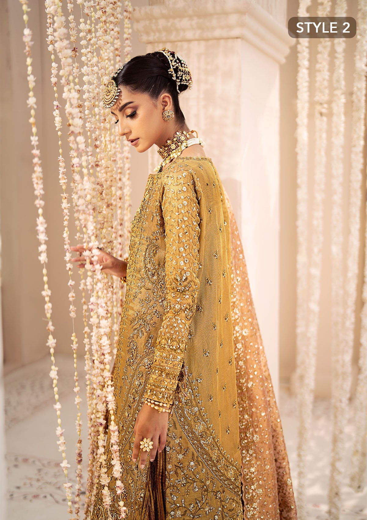WEDDING FESTIVE 24 VOL. 2 - LOOK 02 Gold  Long shirt with Crushed Frock,Long Shirt with Farshi Gharara For Wedding Events - Pakistani Designer Wear for Women in UK | Kifat