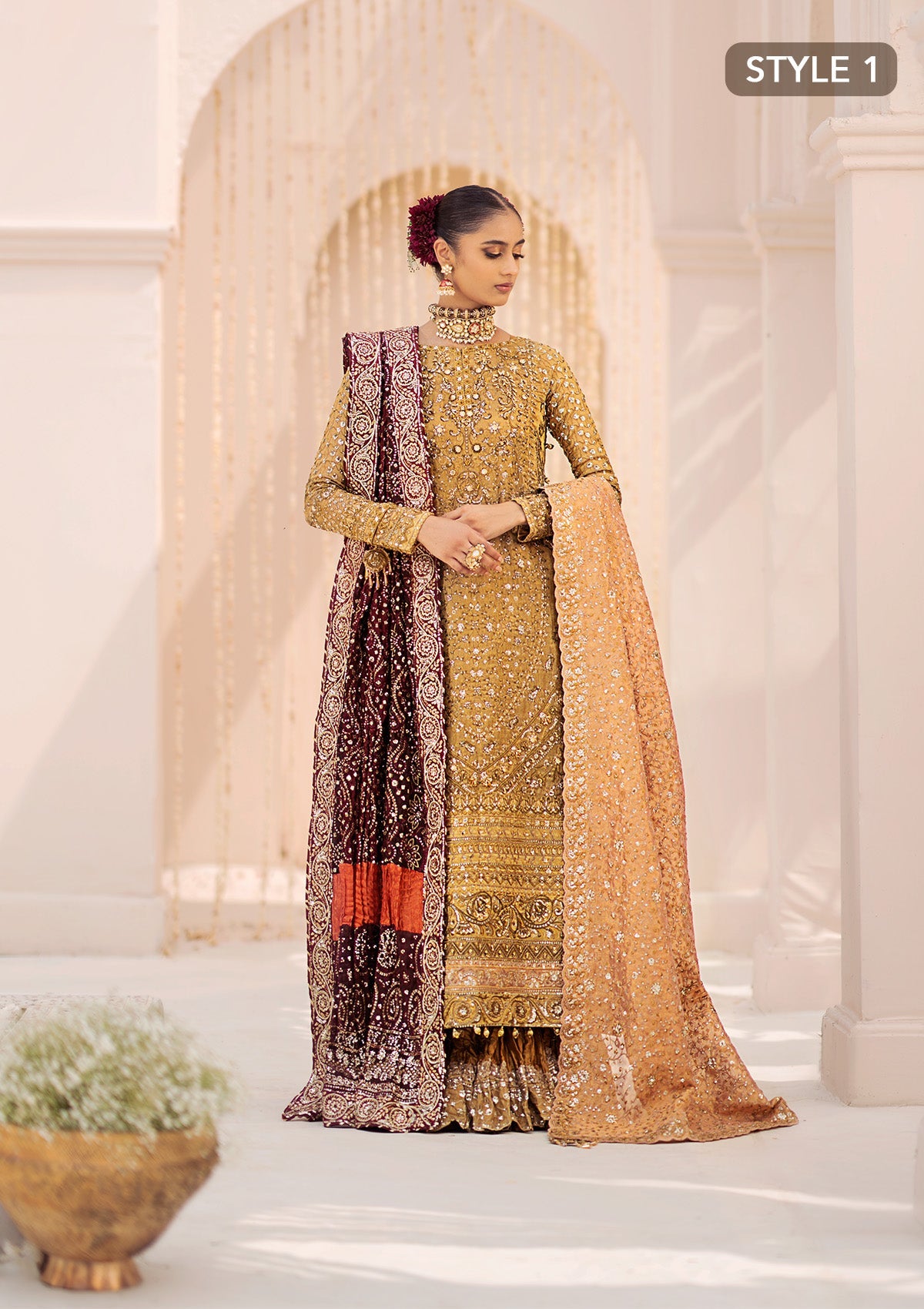 WEDDING FESTIVE 24 VOL. 2 - LOOK 02 Gold  Long shirt with Crushed Frock,Long Shirt with Farshi Gharara For Wedding Events - Pakistani Designer Wear for Women in UK | Kifat