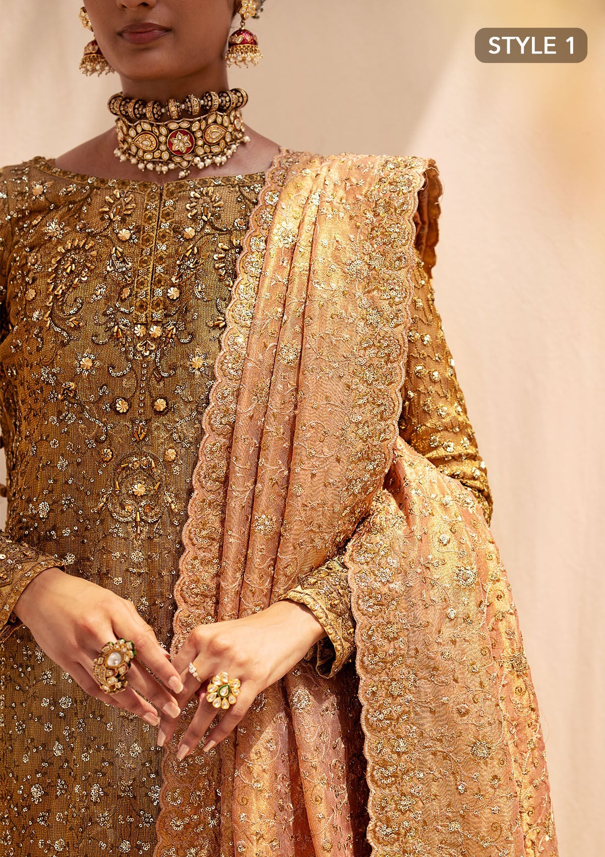 WEDDING FESTIVE 24 VOL. 2 - LOOK 02 Gold  Long shirt with Crushed Frock,Long Shirt with Farshi Gharara For Wedding Events - Pakistani Designer Wear for Women in UK | Kifat