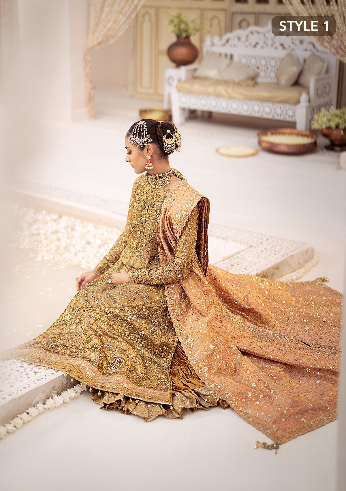 WEDDING FESTIVE 24 VOL. 2 - LOOK 02 Gold  Long shirt with Crushed Frock,Long Shirt with Farshi Gharara For Wedding Events - Pakistani Designer Wear for Women in UK | Kifat