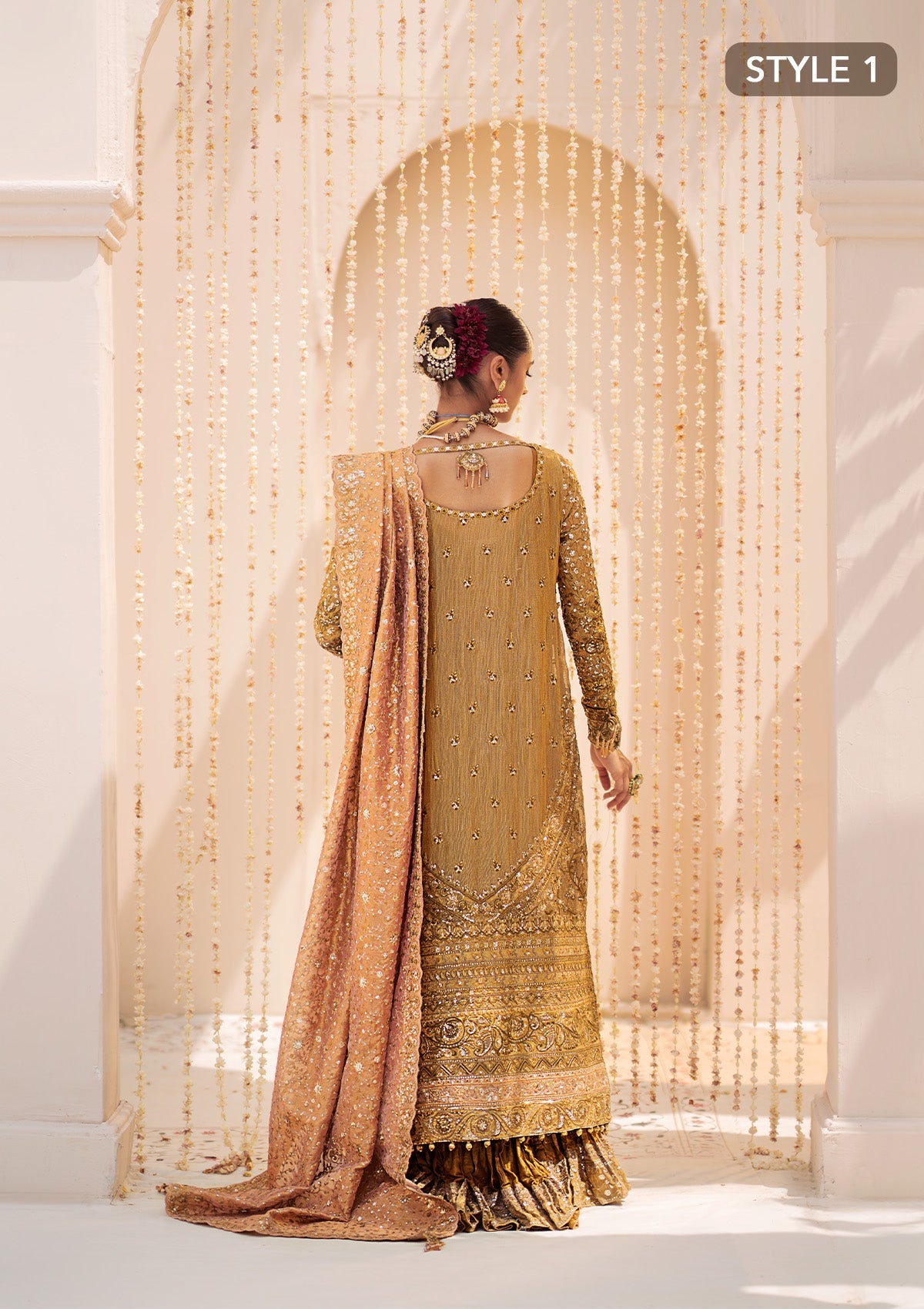 WEDDING FESTIVE 24 VOL. 2 - LOOK 02 Gold  Long shirt with Crushed Frock,Long Shirt with Farshi Gharara For Wedding Events - Pakistani Designer Wear for Women in UK | Kifat
