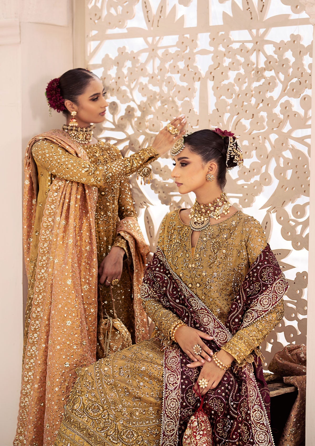 WEDDING FESTIVE 24 VOL. 2 - LOOK 02 Gold  Long shirt with Crushed Frock,Long Shirt with Farshi Gharara For Wedding Events - Pakistani Designer Wear for Women in UK | Kifat