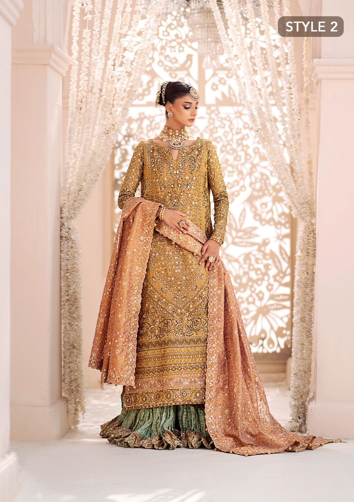 WEDDING FESTIVE 24 VOL. 2 - LOOK 02 Gold  Long shirt with Crushed Frock,Long Shirt with Farshi Gharara For Wedding Events - Pakistani Designer Wear for Women in UK | Kifat