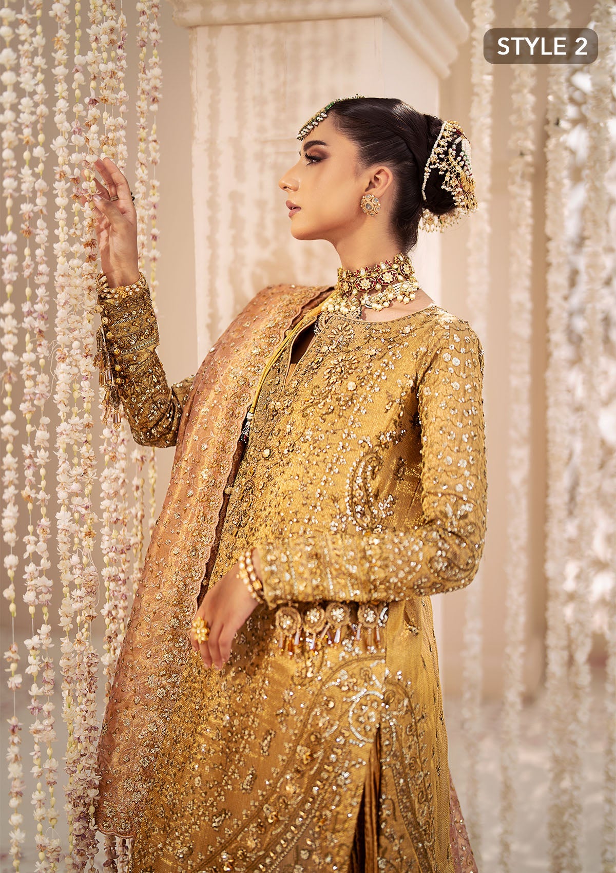 WEDDING FESTIVE 24 VOL. 2 - LOOK 02 Gold  Long shirt with Crushed Frock,Long Shirt with Farshi Gharara For Wedding Events - Pakistani Designer Wear for Women in UK | Kifat