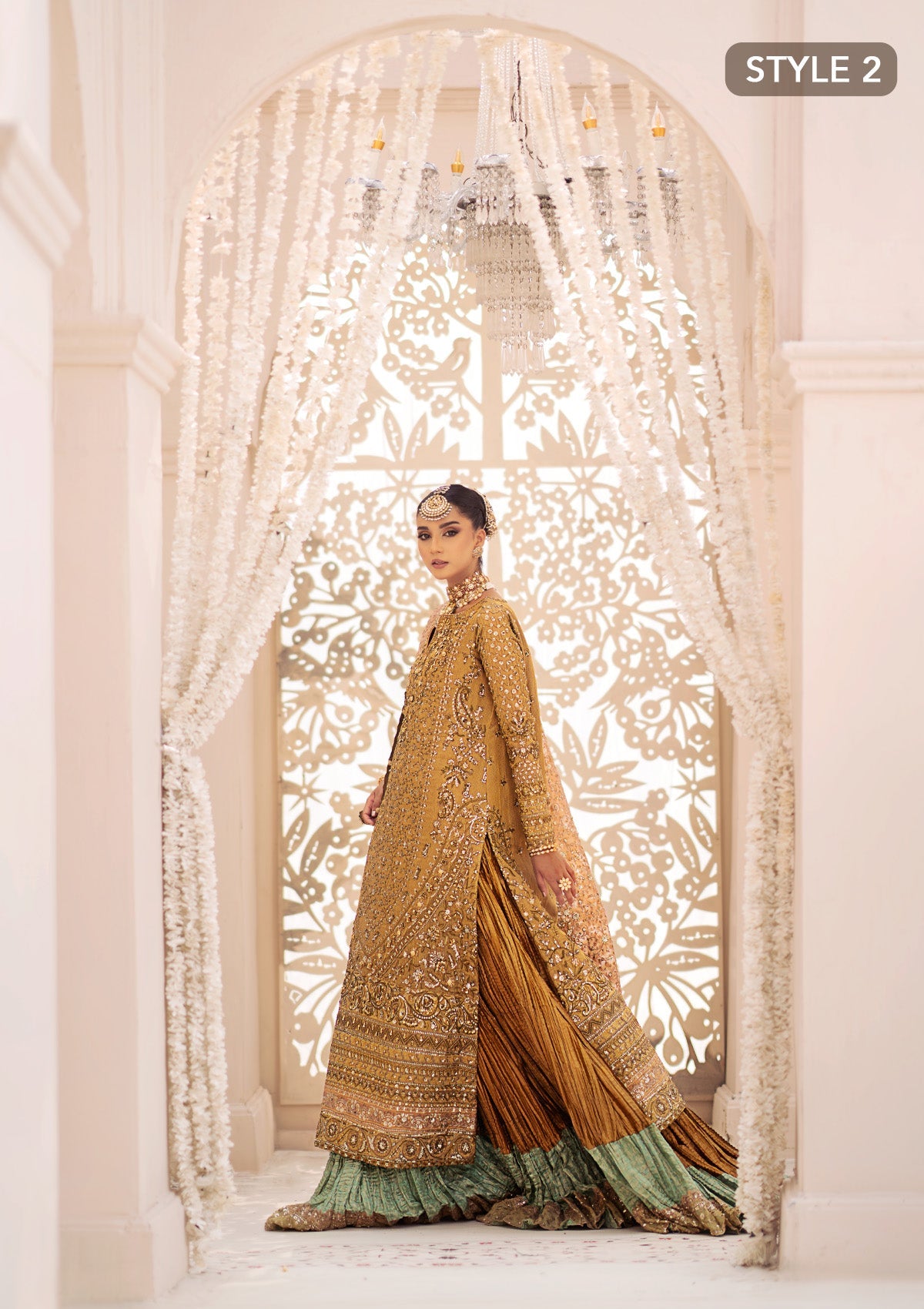 WEDDING FESTIVE 24 VOL. 2 - LOOK 02 Gold  Long shirt with Crushed Frock,Long Shirt with Farshi Gharara For Wedding Events - Pakistani Designer Wear for Women in UK | Kifat
