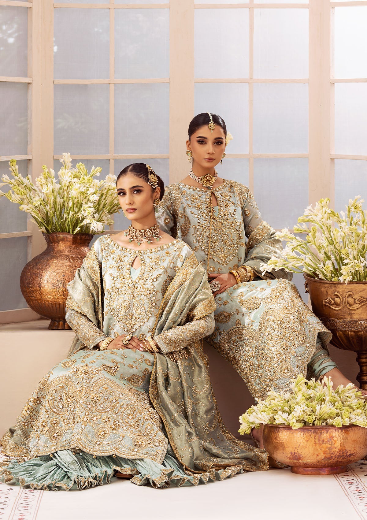WEDDING FESTIVE 24 VOL. 2 - LOOK 03 Ice Blue Hyderabadi Shirt with Khada Dupatta and Churi Pyjama,Long Shirt with Crushed Sharara For Wedding Events - Pakistani Designer Wear for Women in UK | Kifat