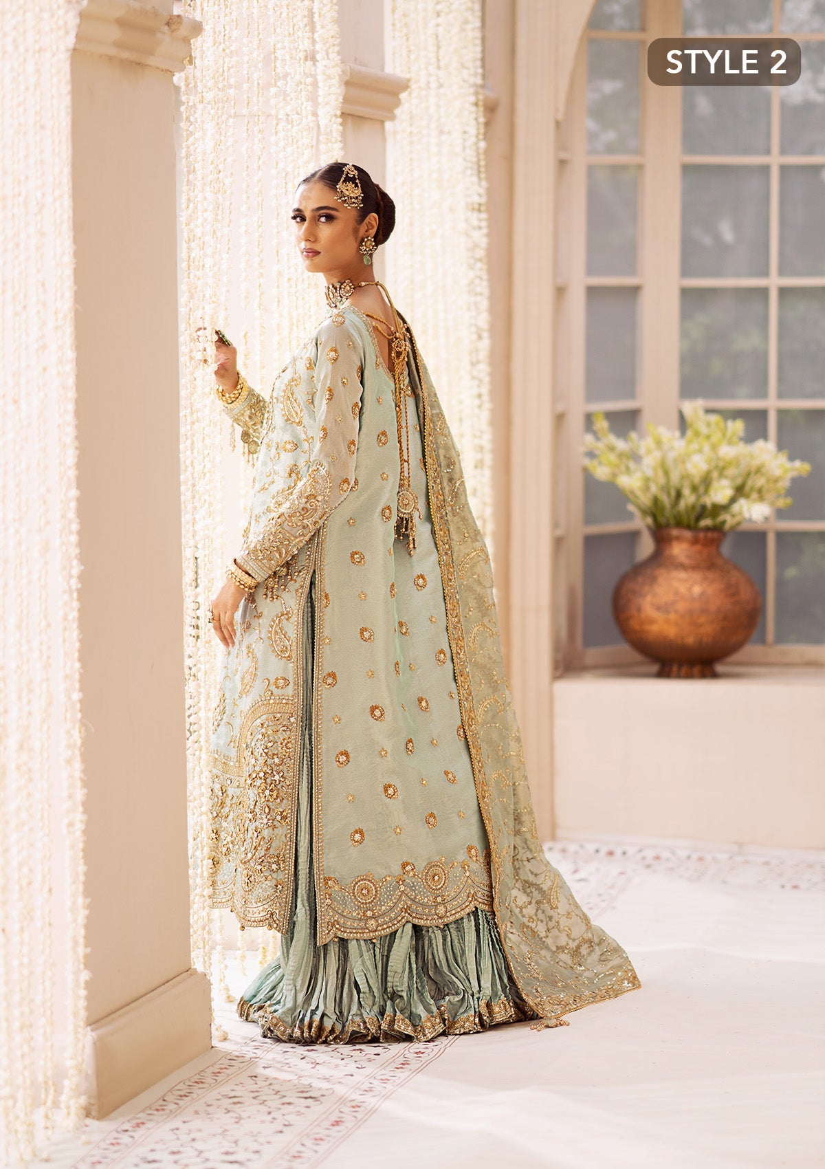 WEDDING FESTIVE 24 VOL. 2 - LOOK 03 Ice Blue Hyderabadi Shirt with Khada Dupatta and Churi Pyjama,Long Shirt with Crushed Sharara For Wedding Events - Pakistani Designer Wear for Women in UK | Kifat