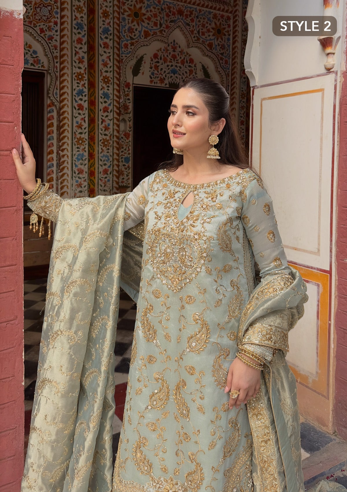 WEDDING FESTIVE 24 VOL. 2 - LOOK 03 Ice Blue Hyderabadi Shirt with Khada Dupatta and Churi Pyjama,Long Shirt with Crushed Sharara For Wedding Events - Pakistani Designer Wear for Women in UK | Kifat