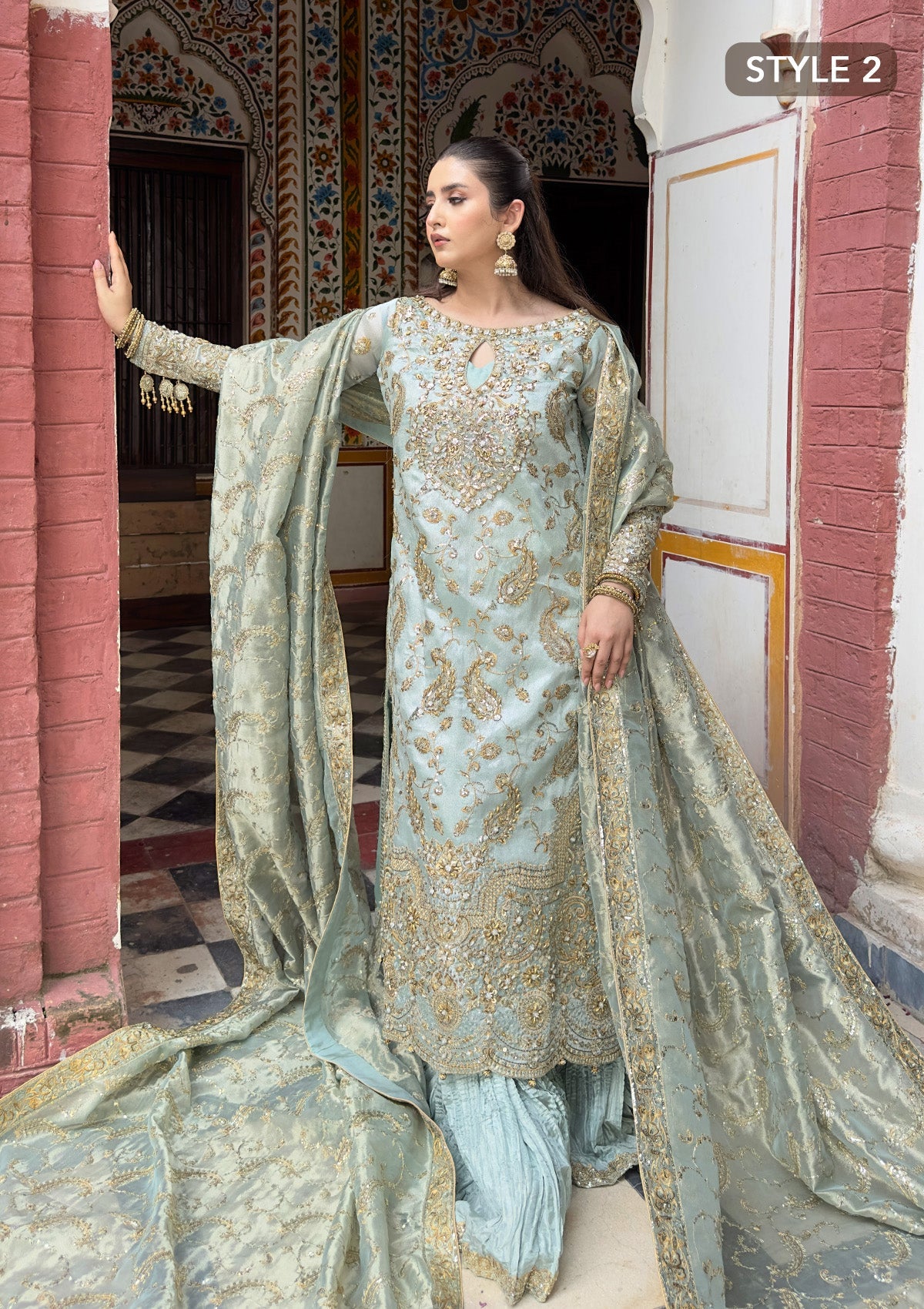 WEDDING FESTIVE 24 VOL. 2 - LOOK 03 Ice Blue Hyderabadi Shirt with Khada Dupatta and Churi Pyjama,Long Shirt with Crushed Sharara For Wedding Events - Pakistani Designer Wear for Women in UK | Kifat