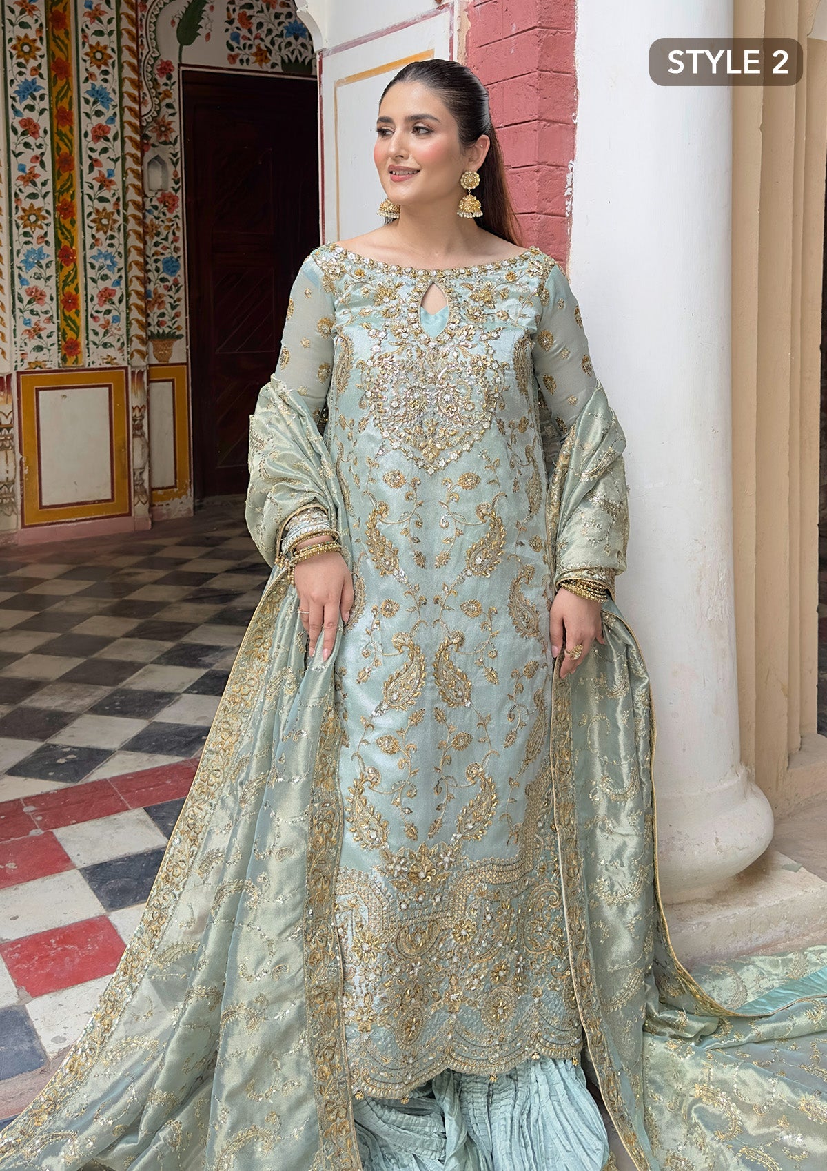 WEDDING FESTIVE 24 VOL. 2 - LOOK 03 Ice Blue Hyderabadi Shirt with Khada Dupatta and Churi Pyjama,Long Shirt with Crushed Sharara For Wedding Events - Pakistani Designer Wear for Women in UK | Kifat