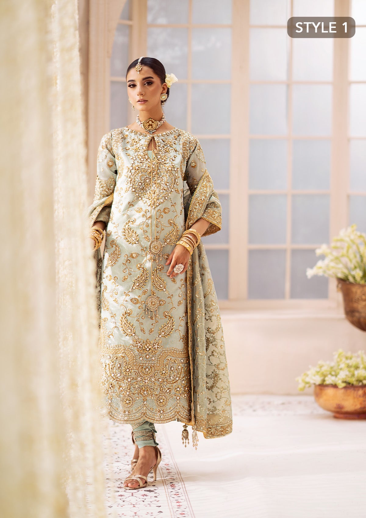 WEDDING FESTIVE 24 VOL. 2 - LOOK 03 Ice Blue Hyderabadi Shirt with Khada Dupatta and Churi Pyjama,Long Shirt with Crushed Sharara For Wedding Events - Pakistani Designer Wear for Women in UK | Kifat