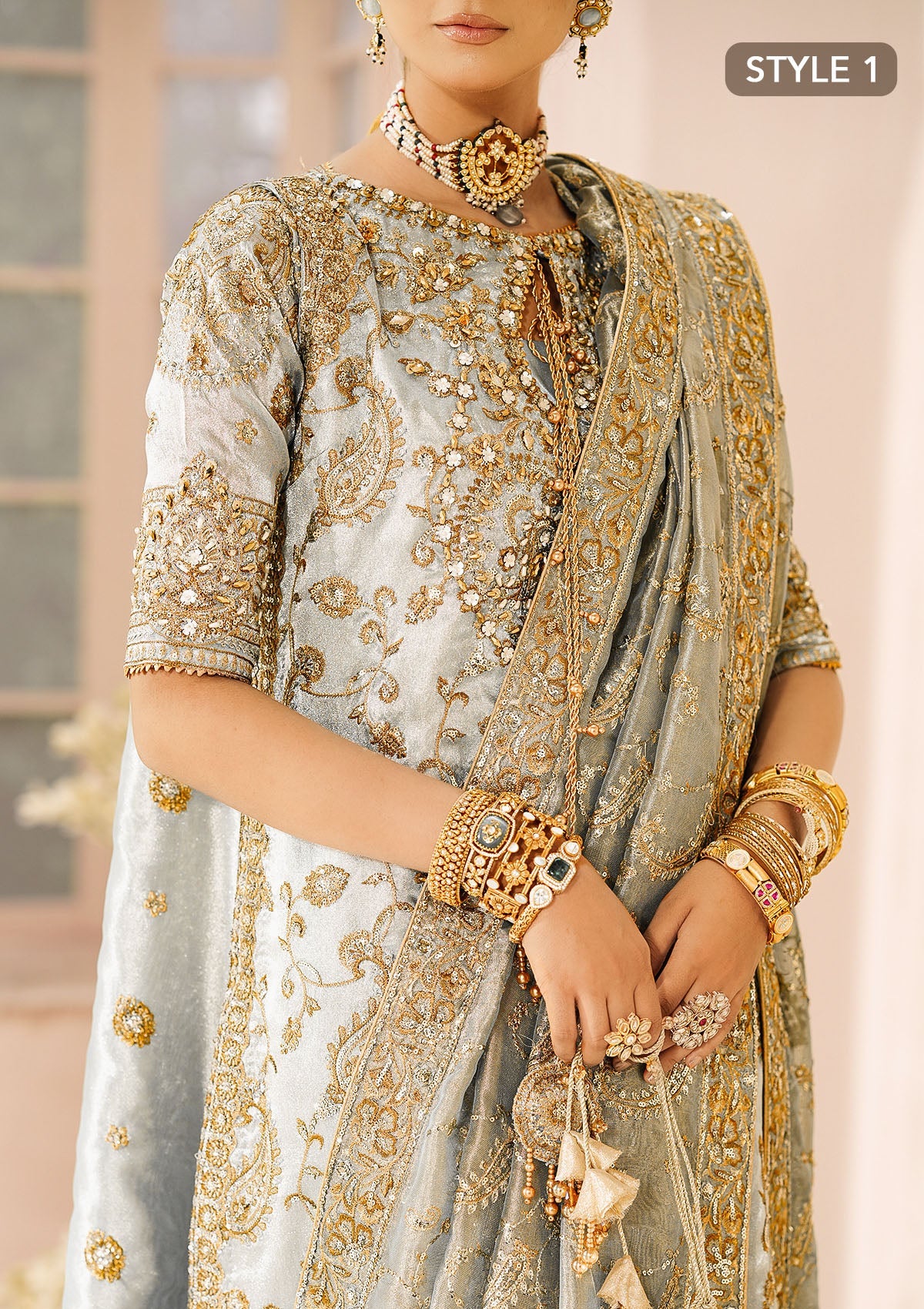 WEDDING FESTIVE 24 VOL. 2 - LOOK 03 Ice Blue Hyderabadi Shirt with Khada Dupatta and Churi Pyjama,Long Shirt with Crushed Sharara For Wedding Events - Pakistani Designer Wear for Women in UK | Kifat