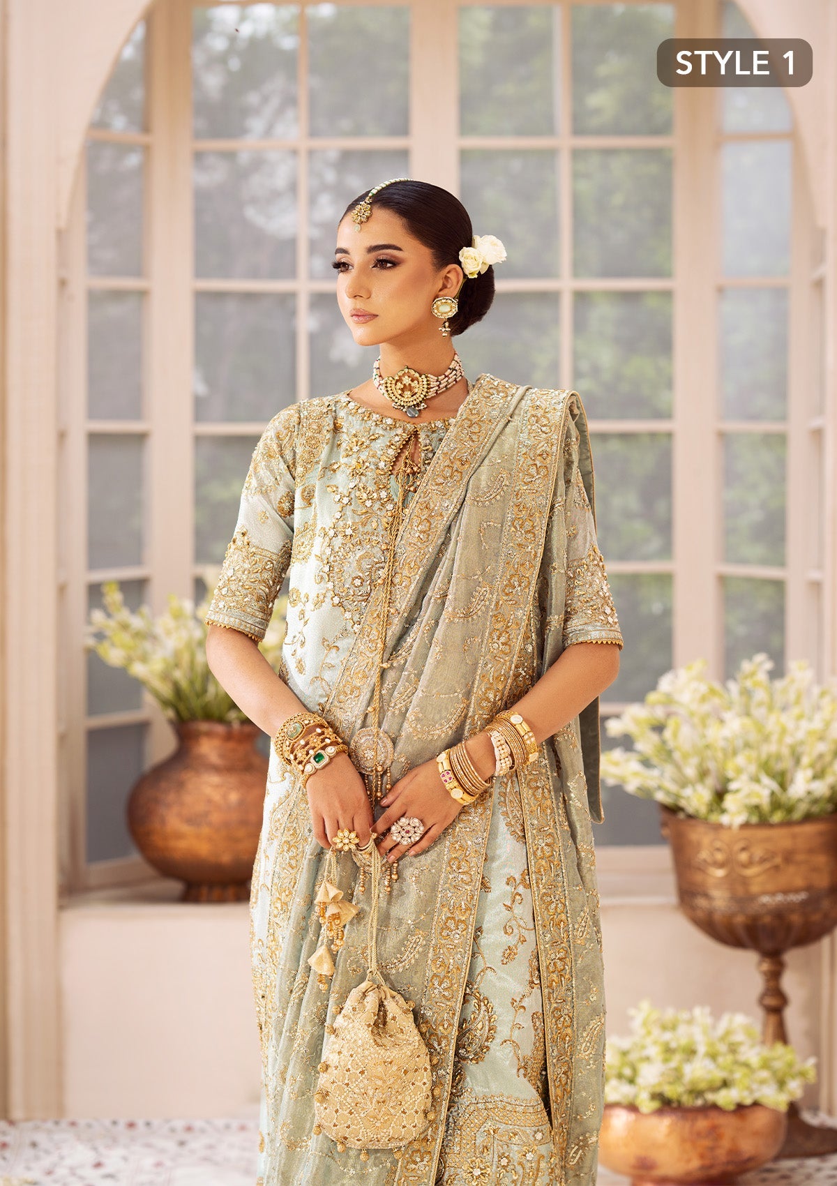 WEDDING FESTIVE 24 VOL. 2 - LOOK 03 Ice Blue Hyderabadi Shirt with Khada Dupatta and Churi Pyjama,Long Shirt with Crushed Sharara For Wedding Events - Pakistani Designer Wear for Women in UK | Kifat