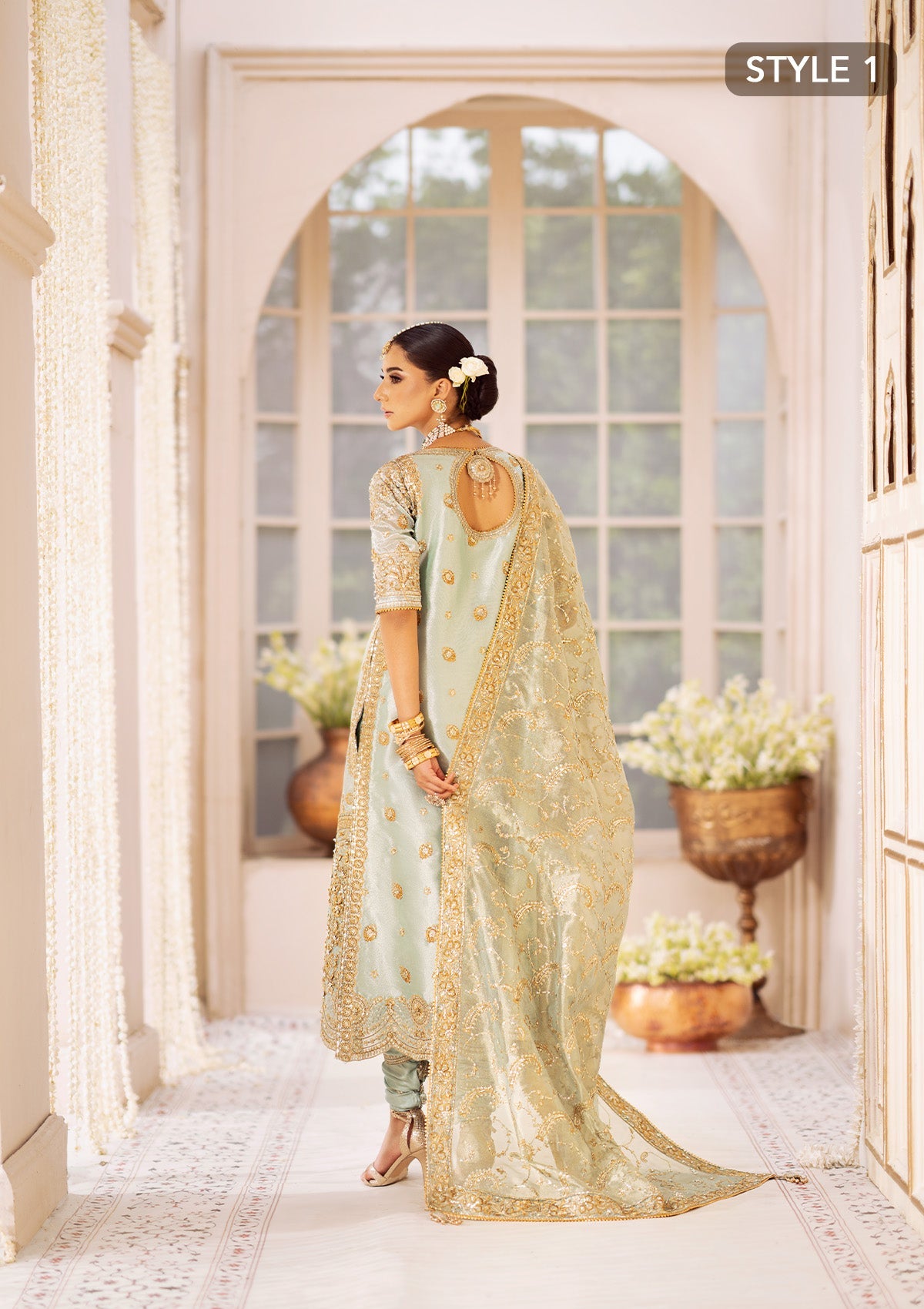 WEDDING FESTIVE 24 VOL. 2 - LOOK 03 Ice Blue Hyderabadi Shirt with Khada Dupatta and Churi Pyjama,Long Shirt with Crushed Sharara For Wedding Events - Pakistani Designer Wear for Women in UK | Kifat