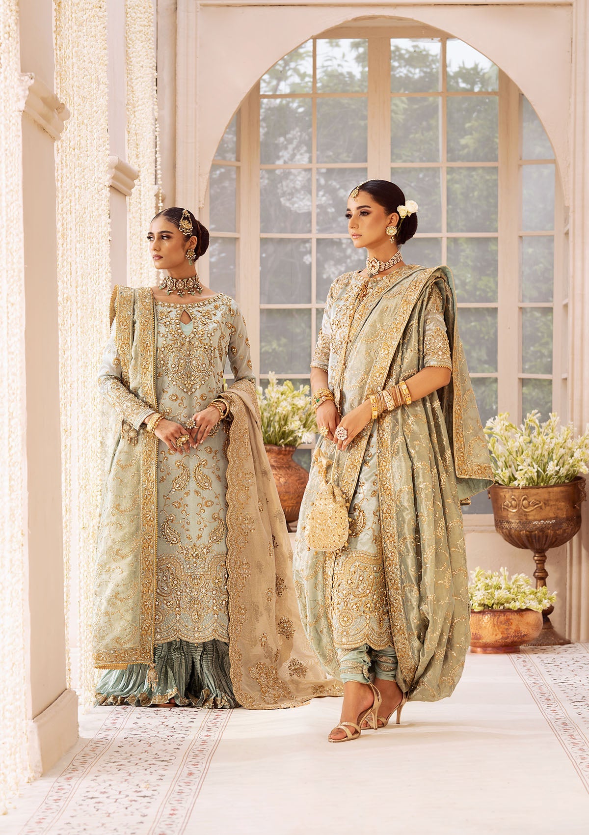 WEDDING FESTIVE 24 VOL. 2 - LOOK 03 Ice Blue Hyderabadi Shirt with Khada Dupatta and Churi Pyjama,Long Shirt with Crushed Sharara For Wedding Events - Pakistani Designer Wear for Women in UK | Kifat
