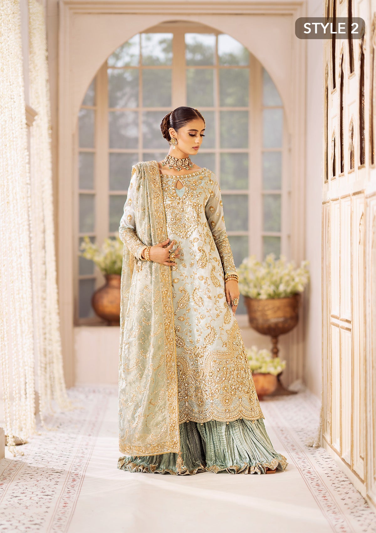 WEDDING FESTIVE 24 VOL. 2 - LOOK 03 Ice Blue Hyderabadi Shirt with Khada Dupatta and Churi Pyjama,Long Shirt with Crushed Sharara For Wedding Events - Pakistani Designer Wear for Women in UK | Kifat