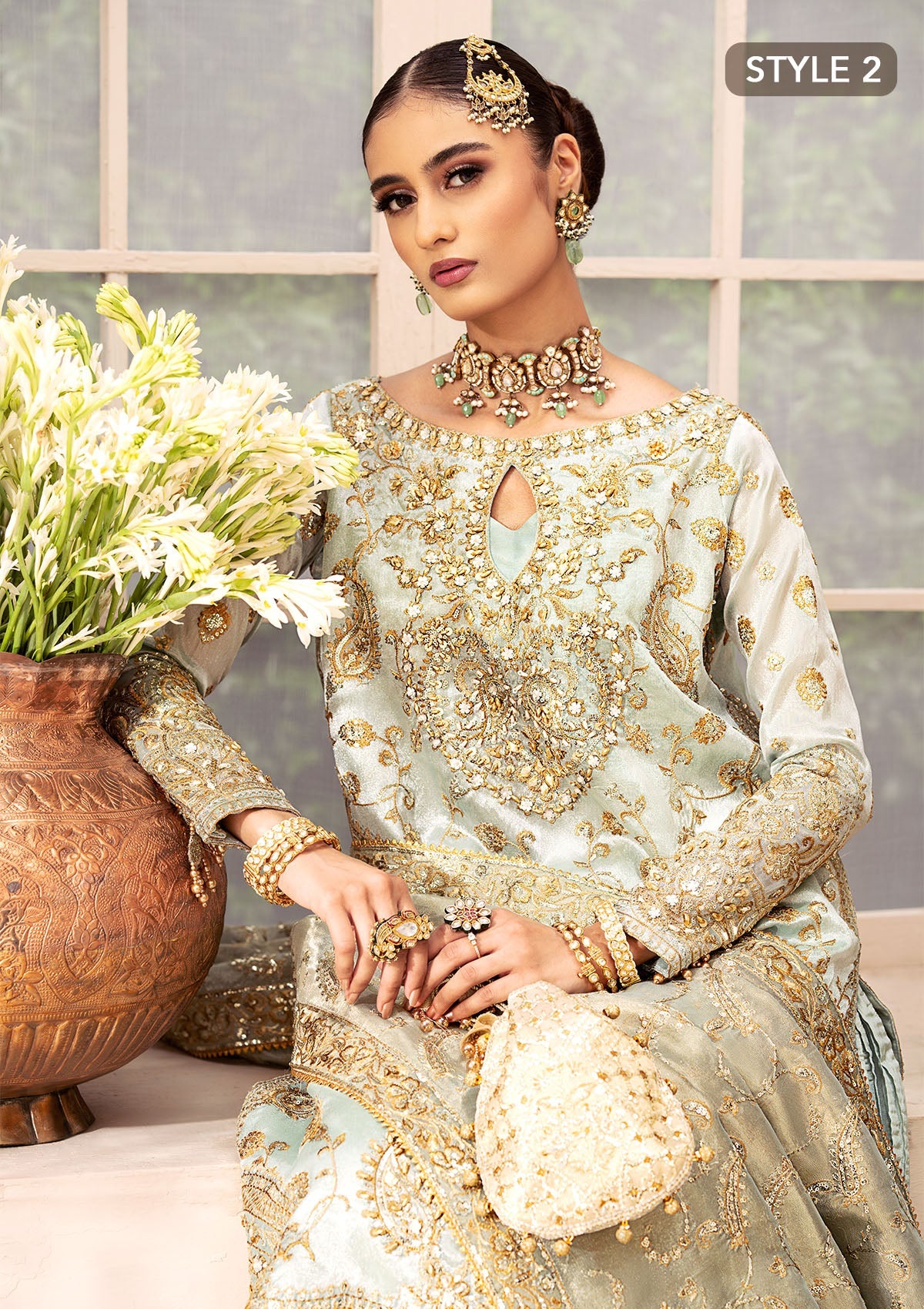 WEDDING FESTIVE 24 VOL. 2 - LOOK 03 Ice Blue Hyderabadi Shirt with Khada Dupatta and Churi Pyjama,Long Shirt with Crushed Sharara For Wedding Events - Pakistani Designer Wear for Women in UK | Kifat