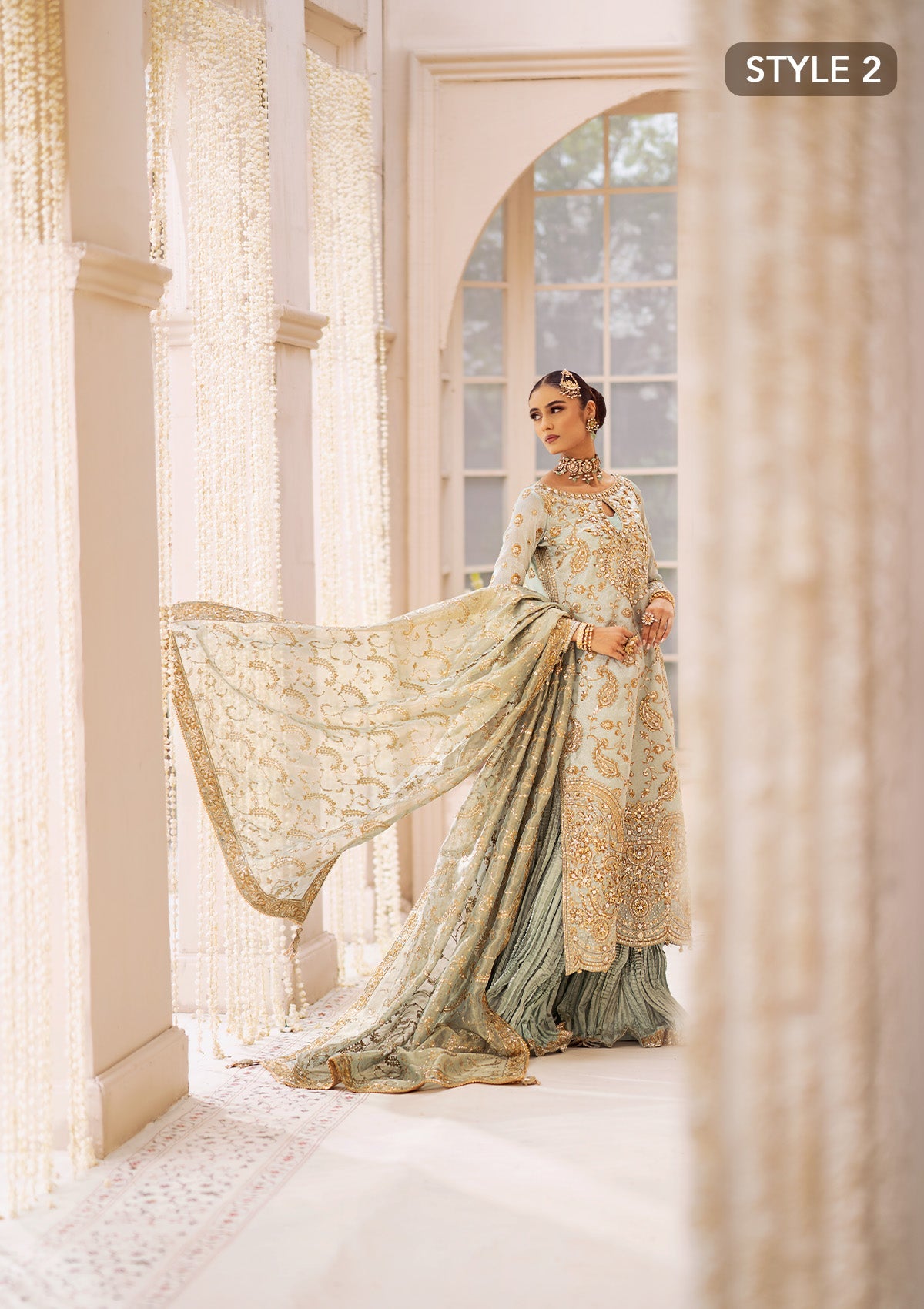 WEDDING FESTIVE 24 VOL. 2 - LOOK 03 Ice Blue Hyderabadi Shirt with Khada Dupatta and Churi Pyjama,Long Shirt with Crushed Sharara For Wedding Events - Pakistani Designer Wear for Women in UK | Kifat
