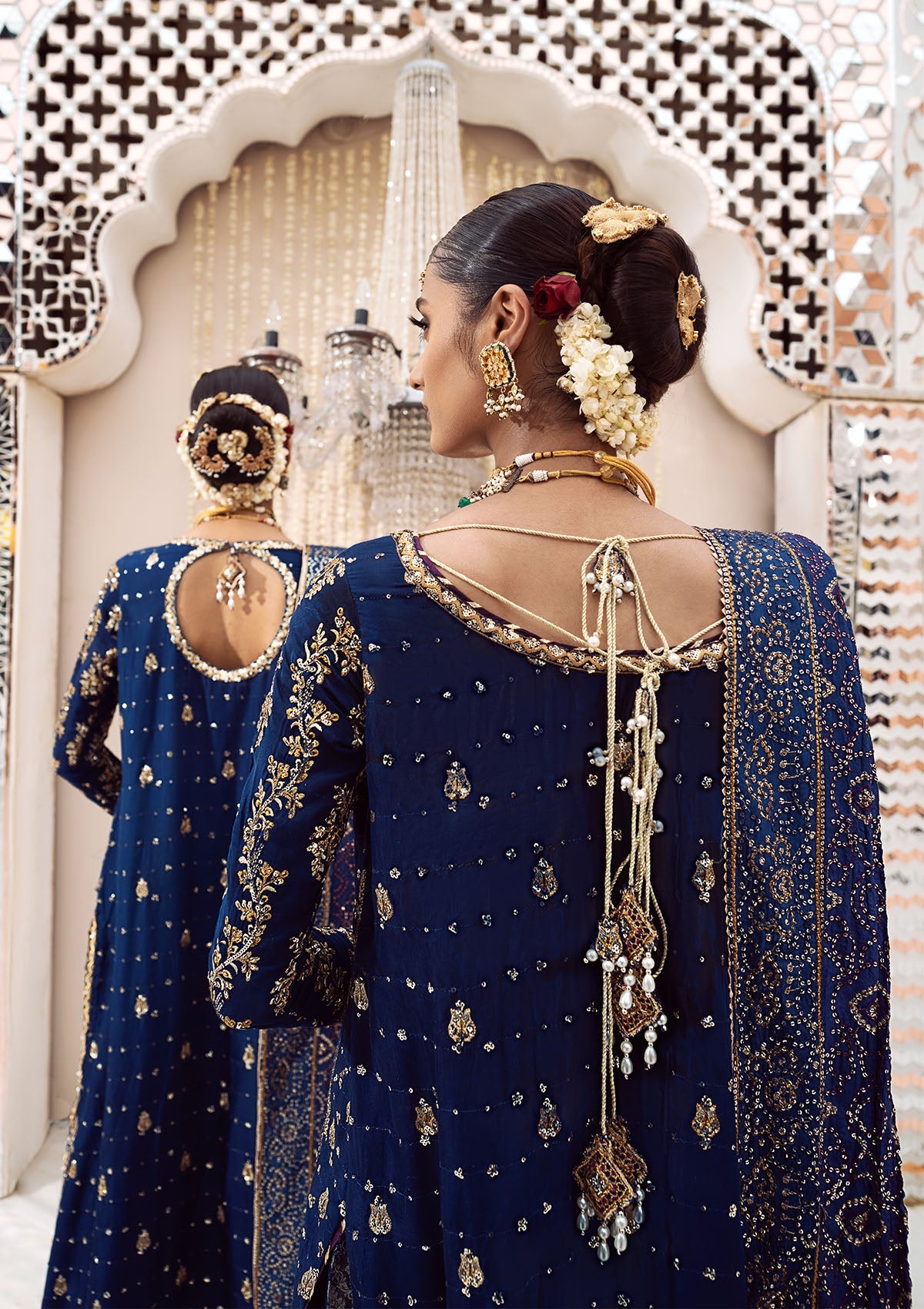 WEDDING FESTIVE 24 VOL. 2 - LOOK 05 Blue Long Shirt with Crushed Gharara,Long Shirt with Izaar Pants For Wedding Events - Pakistani Designer Wear for Women in UK | Kifat
