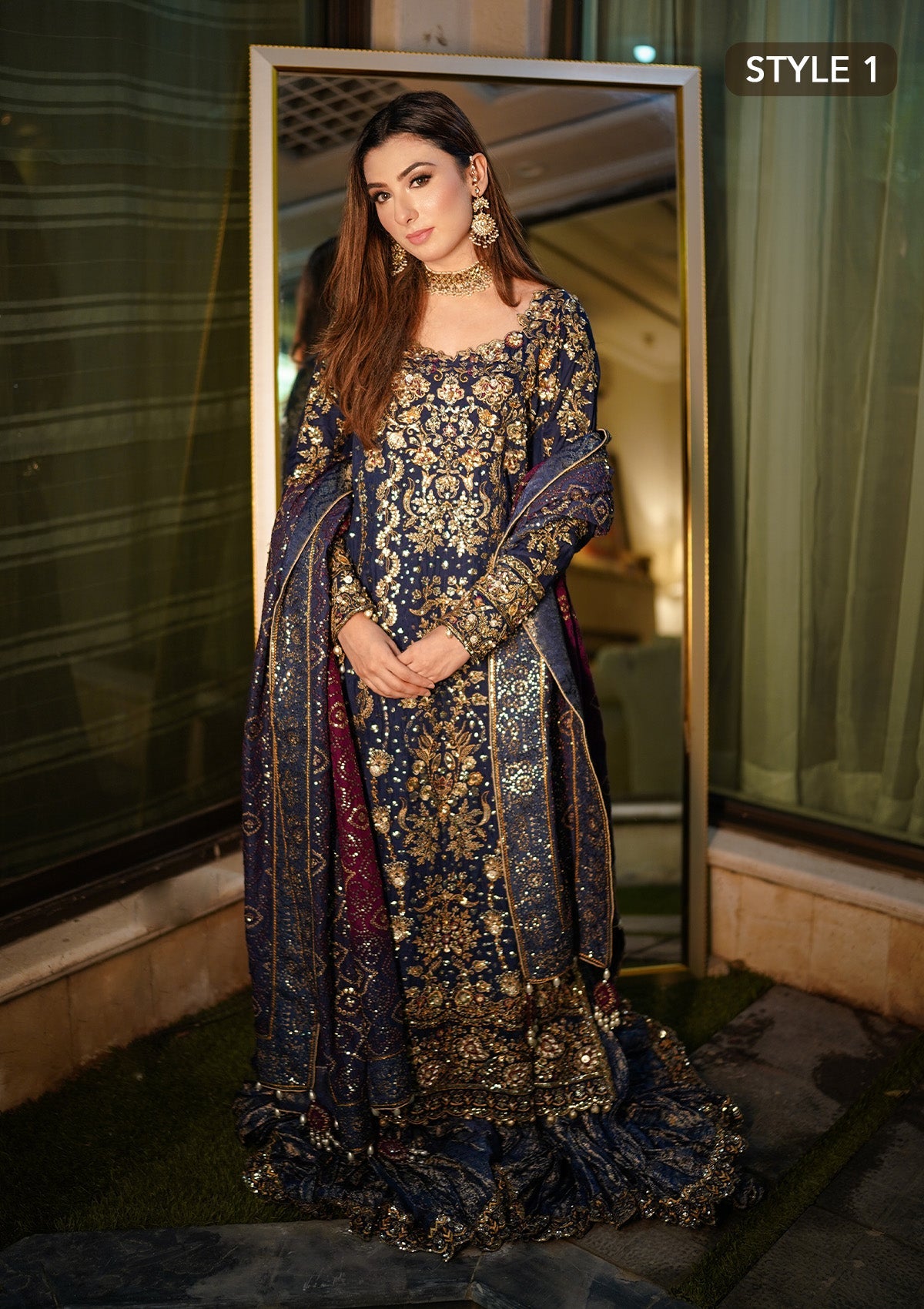 WEDDING FESTIVE 24 VOL. 2 - LOOK 05 Blue Long Shirt with Crushed Gharara,Long Shirt with Izaar Pants For Wedding Events - Pakistani Designer Wear for Women in UK | Kifat