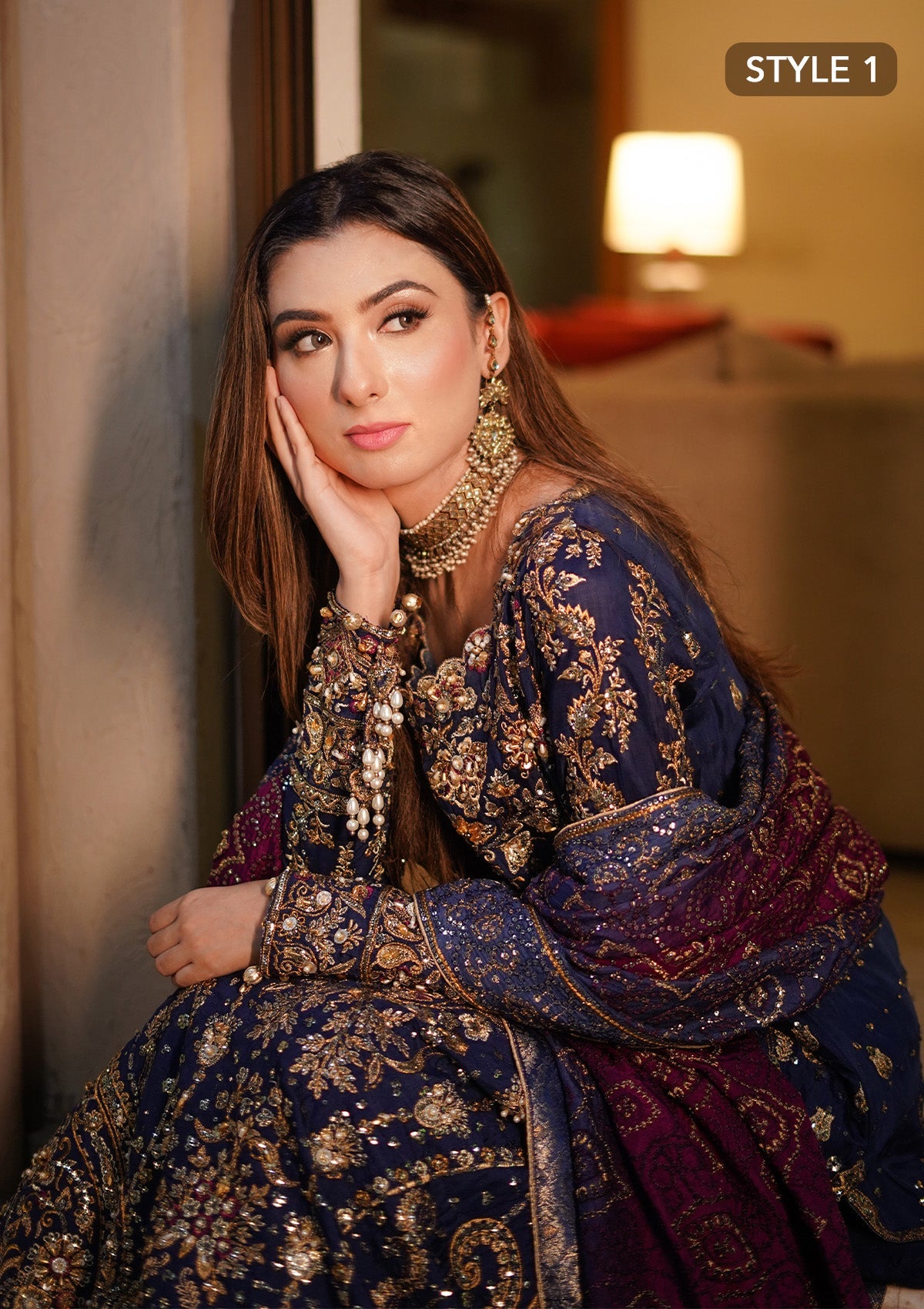 WEDDING FESTIVE 24 VOL. 2 - LOOK 05 Blue Long Shirt with Crushed Gharara,Long Shirt with Izaar Pants For Wedding Events - Pakistani Designer Wear for Women in UK | Kifat