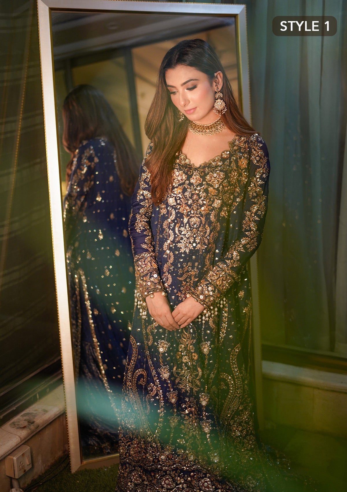 WEDDING FESTIVE 24 VOL. 2 - LOOK 05 Blue Long Shirt with Crushed Gharara,Long Shirt with Izaar Pants For Wedding Events - Pakistani Designer Wear for Women in UK | Kifat