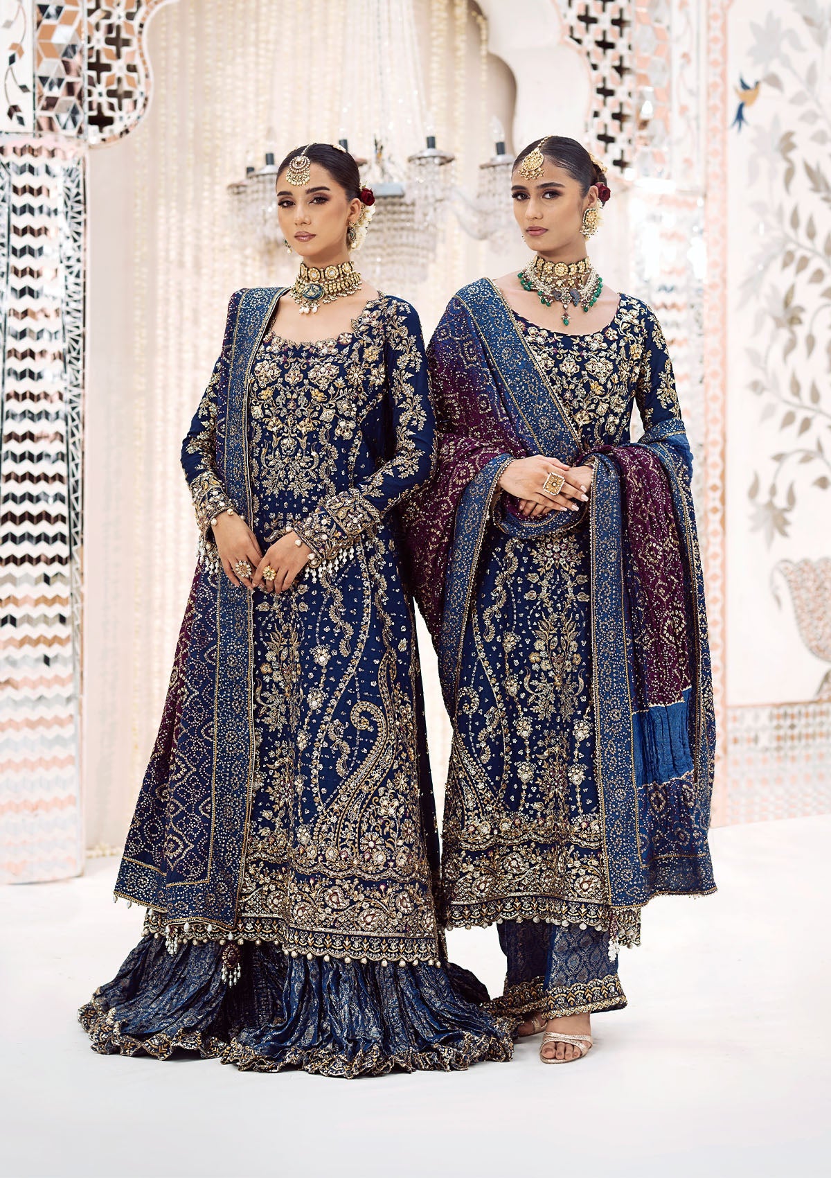 WEDDING FESTIVE 24 VOL. 2 - LOOK 05 Blue Long Shirt with Crushed Gharara,Long Shirt with Izaar Pants For Wedding Events - Pakistani Designer Wear for Women in UK | Kifat