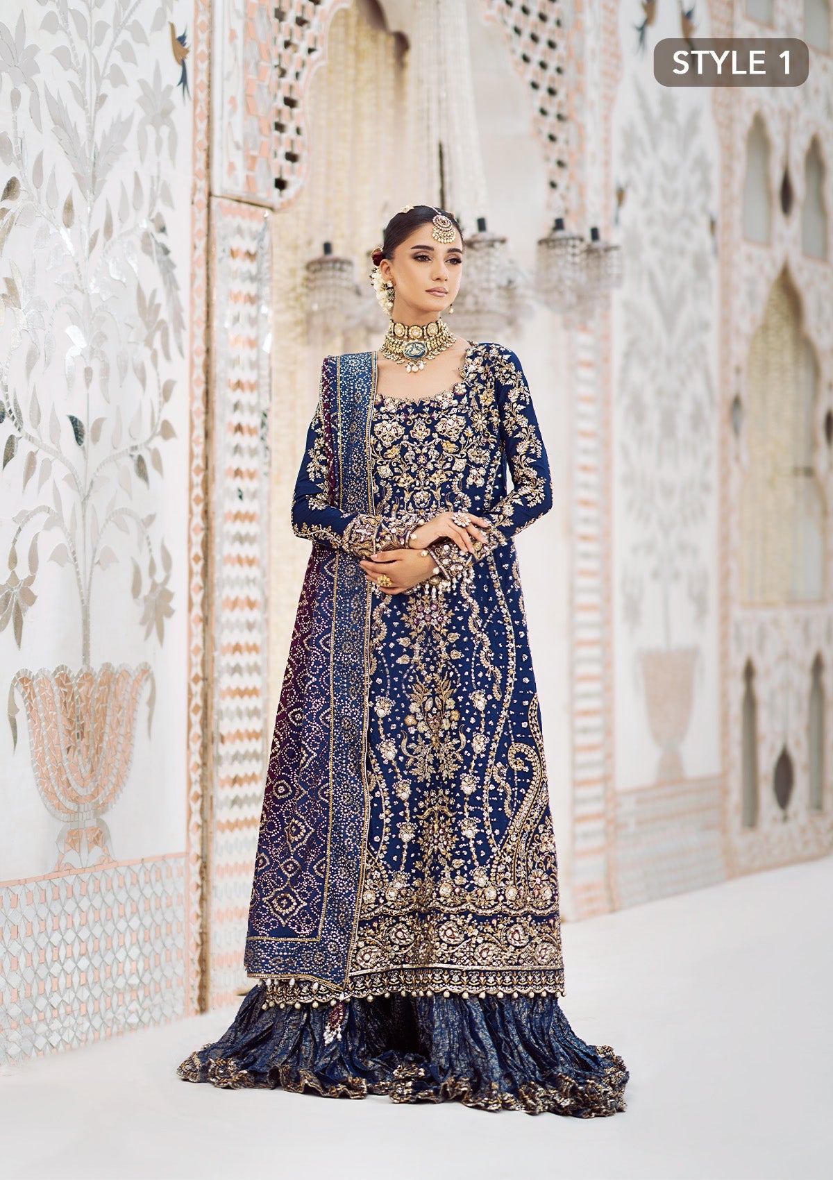 WEDDING FESTIVE 24 VOL. 2 - LOOK 05 Blue Long Shirt with Crushed Gharara,Long Shirt with Izaar Pants For Wedding Events - Pakistani Designer Wear for Women in UK | Kifat