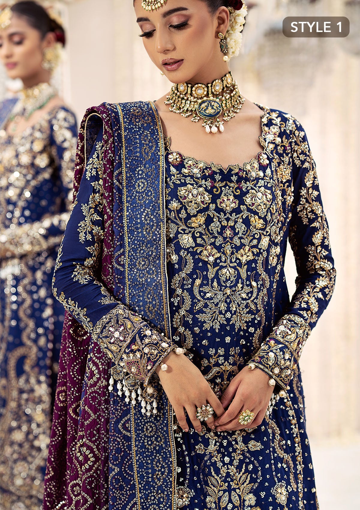 WEDDING FESTIVE 24 VOL. 2 - LOOK 05 Blue Long Shirt with Crushed Gharara,Long Shirt with Izaar Pants For Wedding Events - Pakistani Designer Wear for Women in UK | Kifat