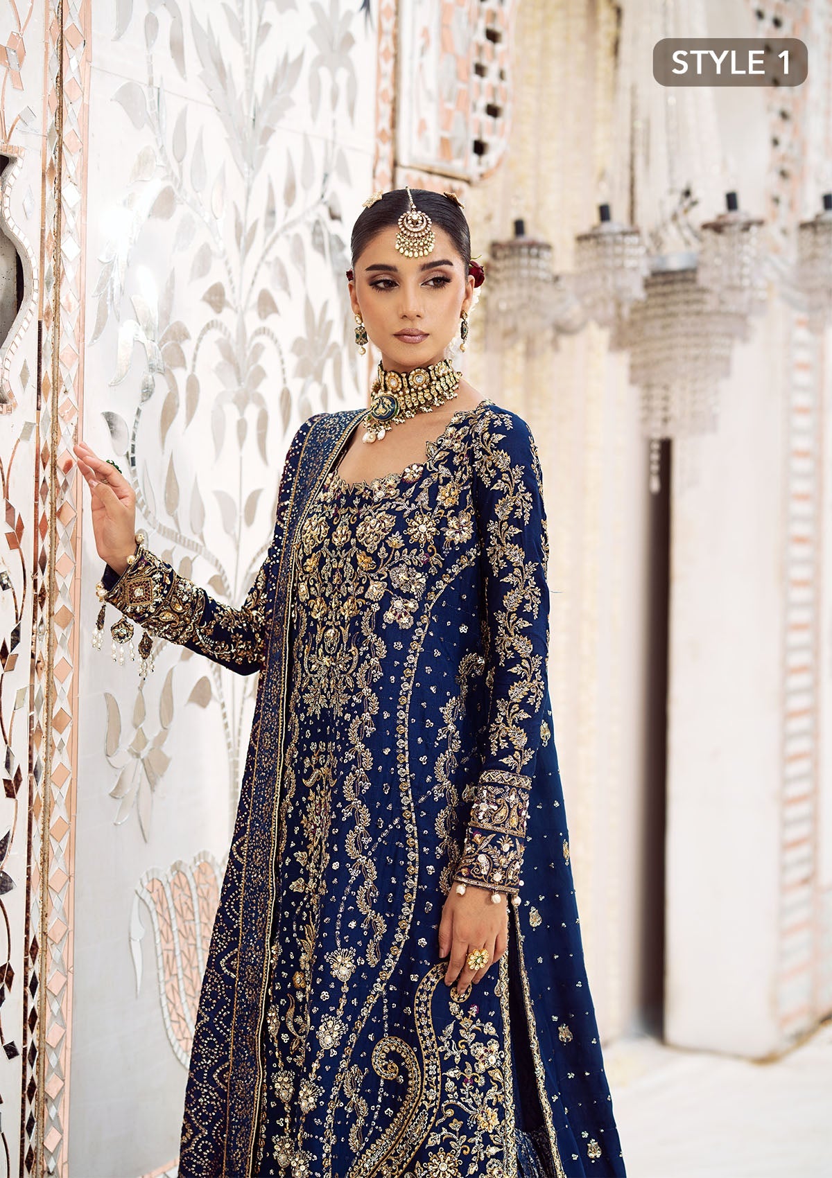 WEDDING FESTIVE 24 VOL. 2 - LOOK 05 Blue Long Shirt with Crushed Gharara,Long Shirt with Izaar Pants For Wedding Events - Pakistani Designer Wear for Women in UK | Kifat