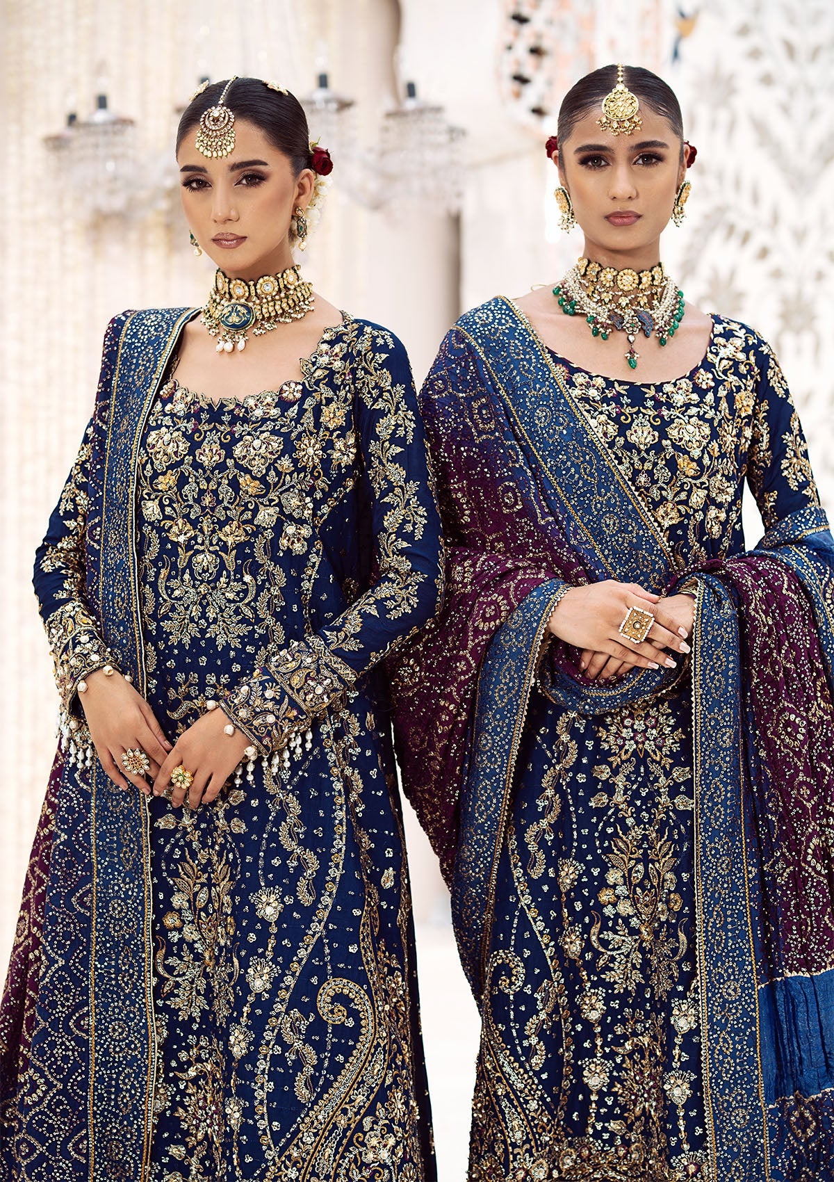 WEDDING FESTIVE 24 VOL. 2 - LOOK 05 Blue Long Shirt with Crushed Gharara,Long Shirt with Izaar Pants For Wedding Events - Pakistani Designer Wear for Women in UK | Kifat